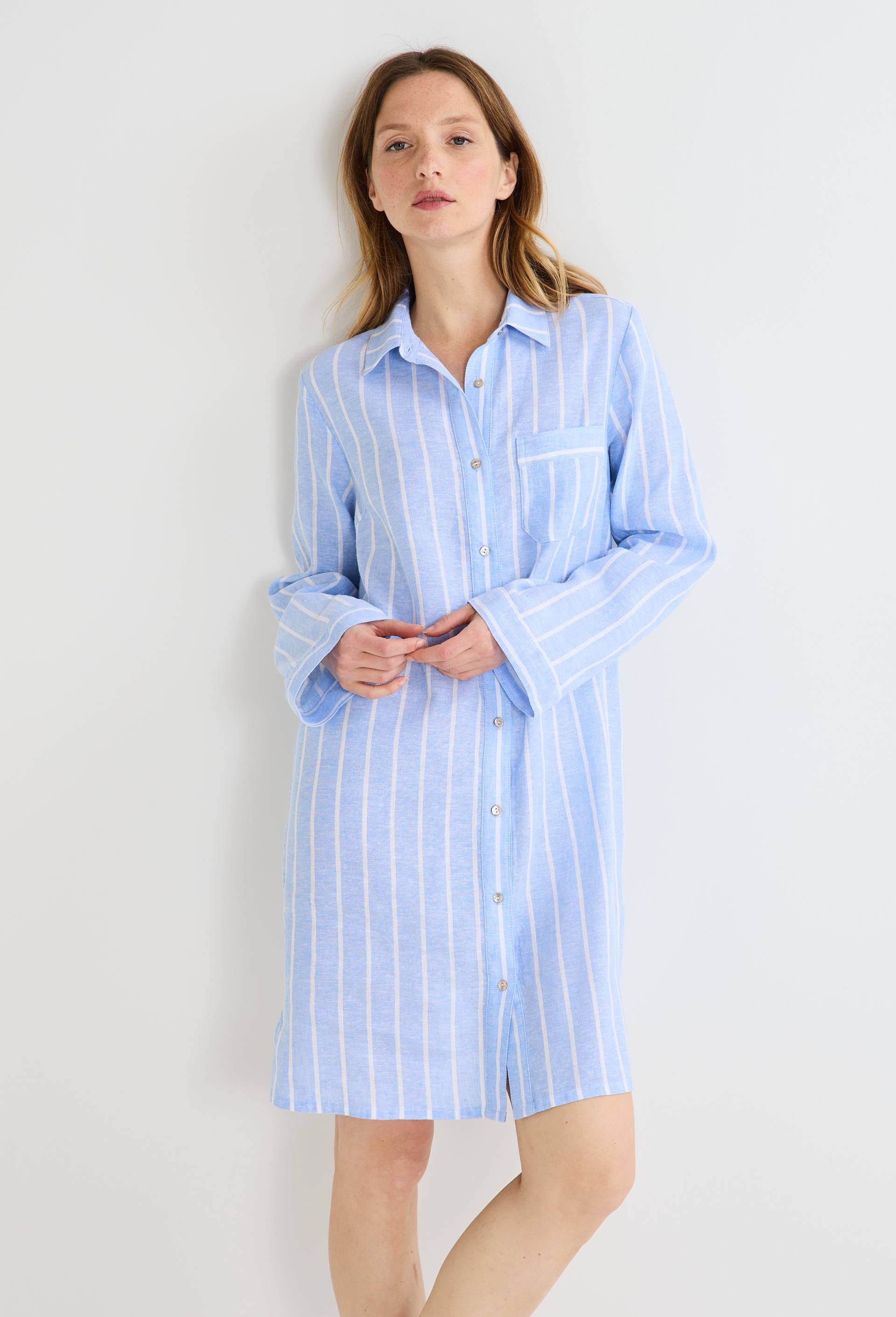 Chemise de nuit ray&eacute;e en lin, Bleu clair, large image number 0
