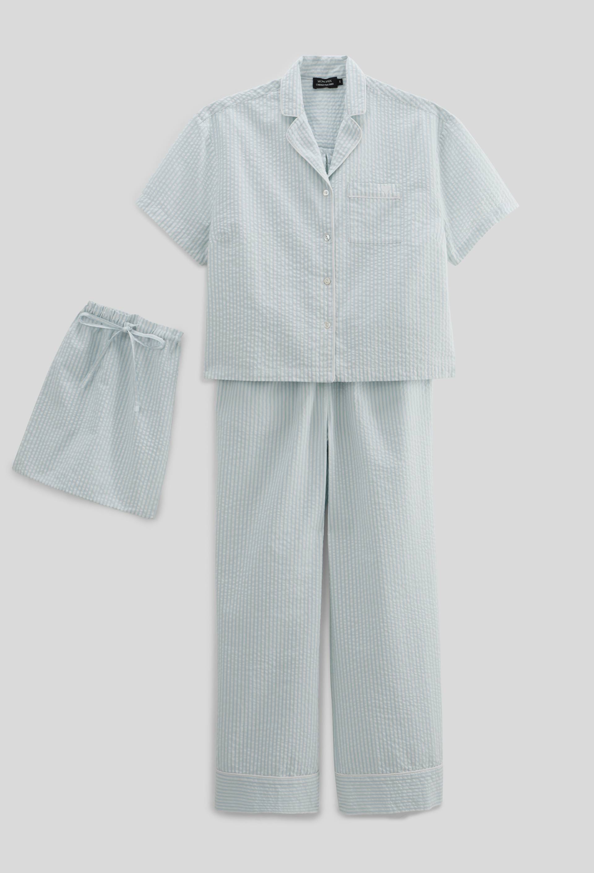 Pyjama manches courtes ray&eacute; en coton BIO, Bleu clair, large image number 2