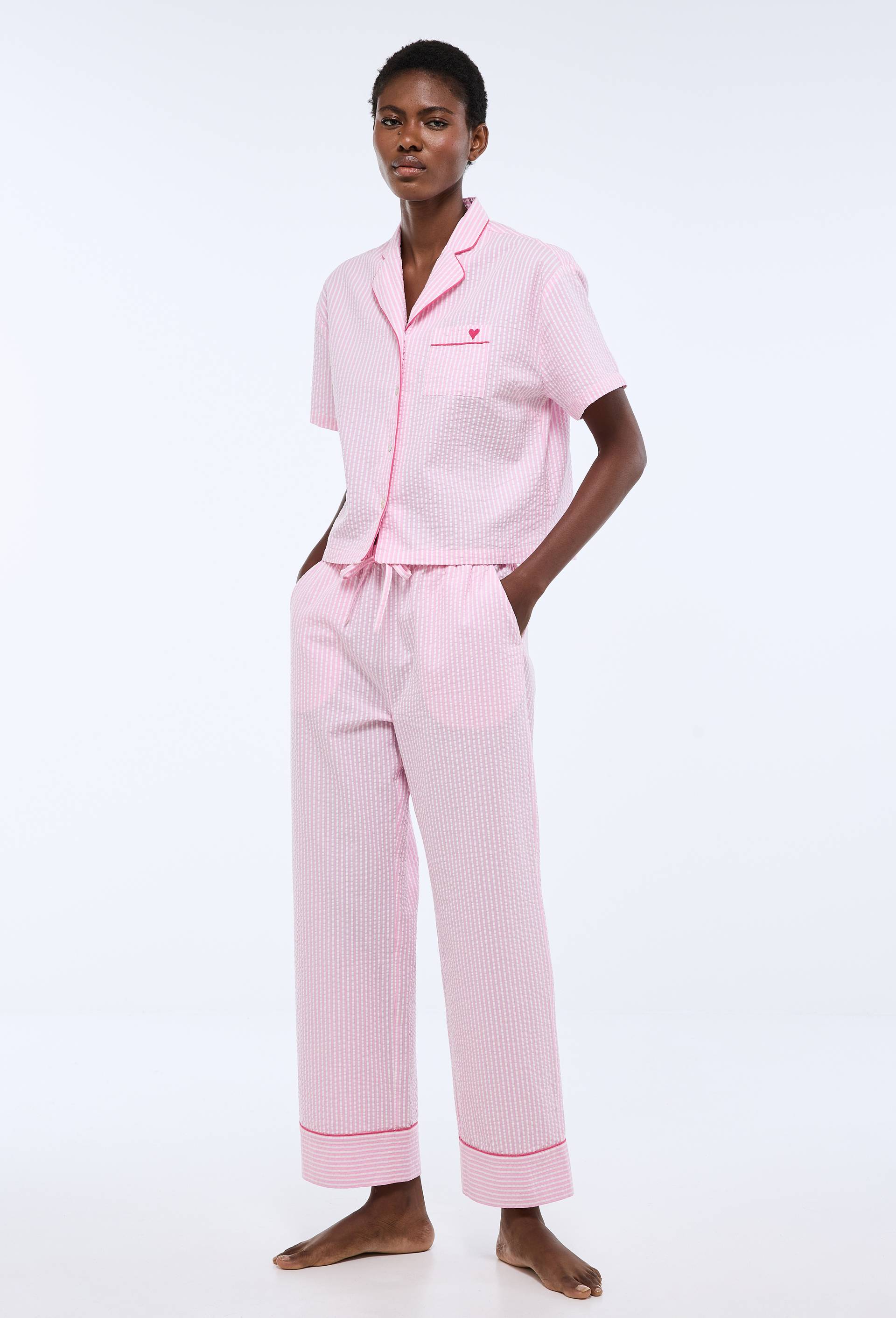 Pyjama manches courtes ray&eacute; en coton BIO, Rose, large image number 0
