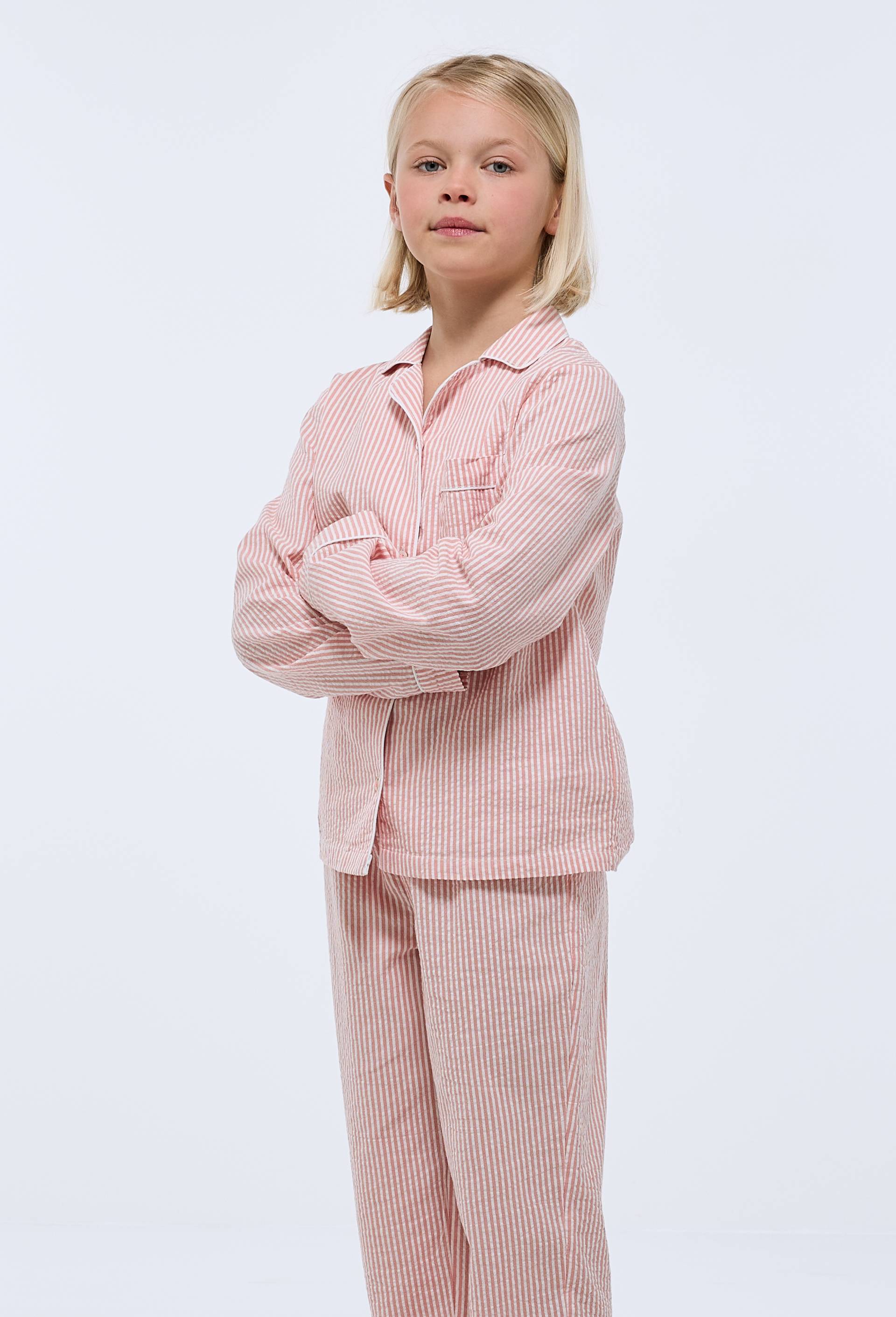 Pyjama chemise manches longues en seersucker rayé coton BIO GOTS, Orange, large image number 0