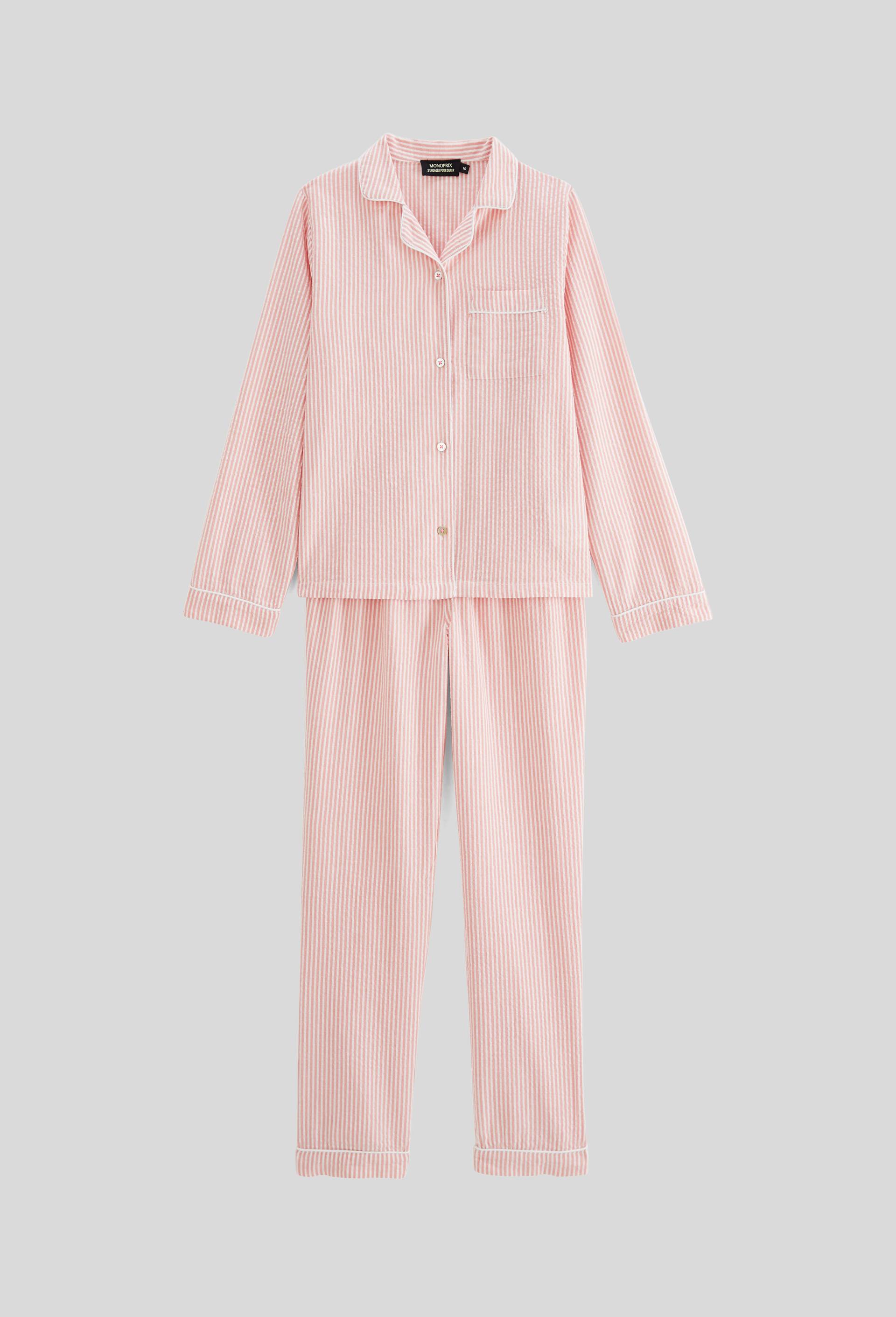 Pyjama chemise manches longues en seersucker rayé coton BIO GOTS, Orange, large image number 1