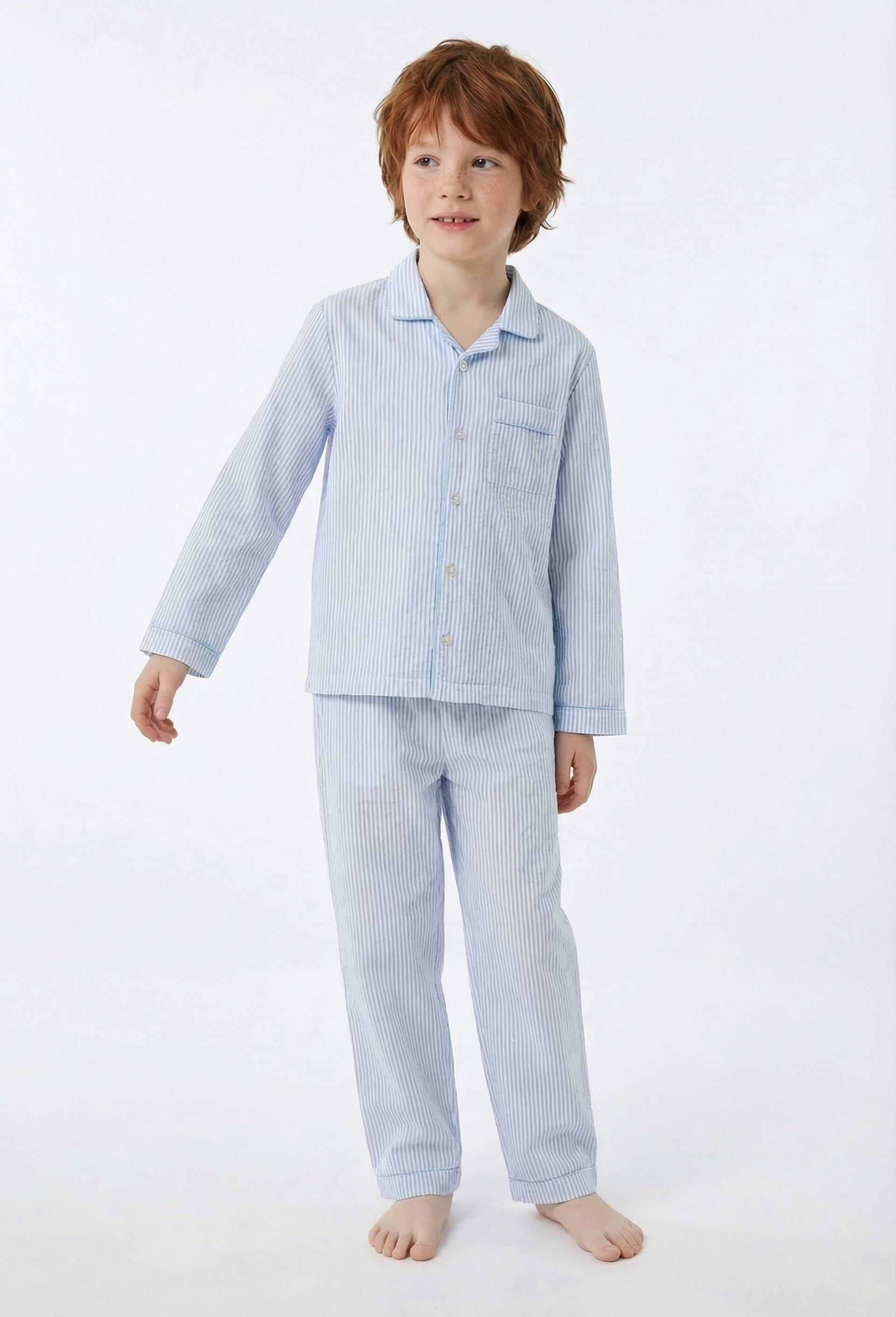 Pyjama chemise manches longues ray&eacute; en coton BIO GOTS, Bleu, large image number 0