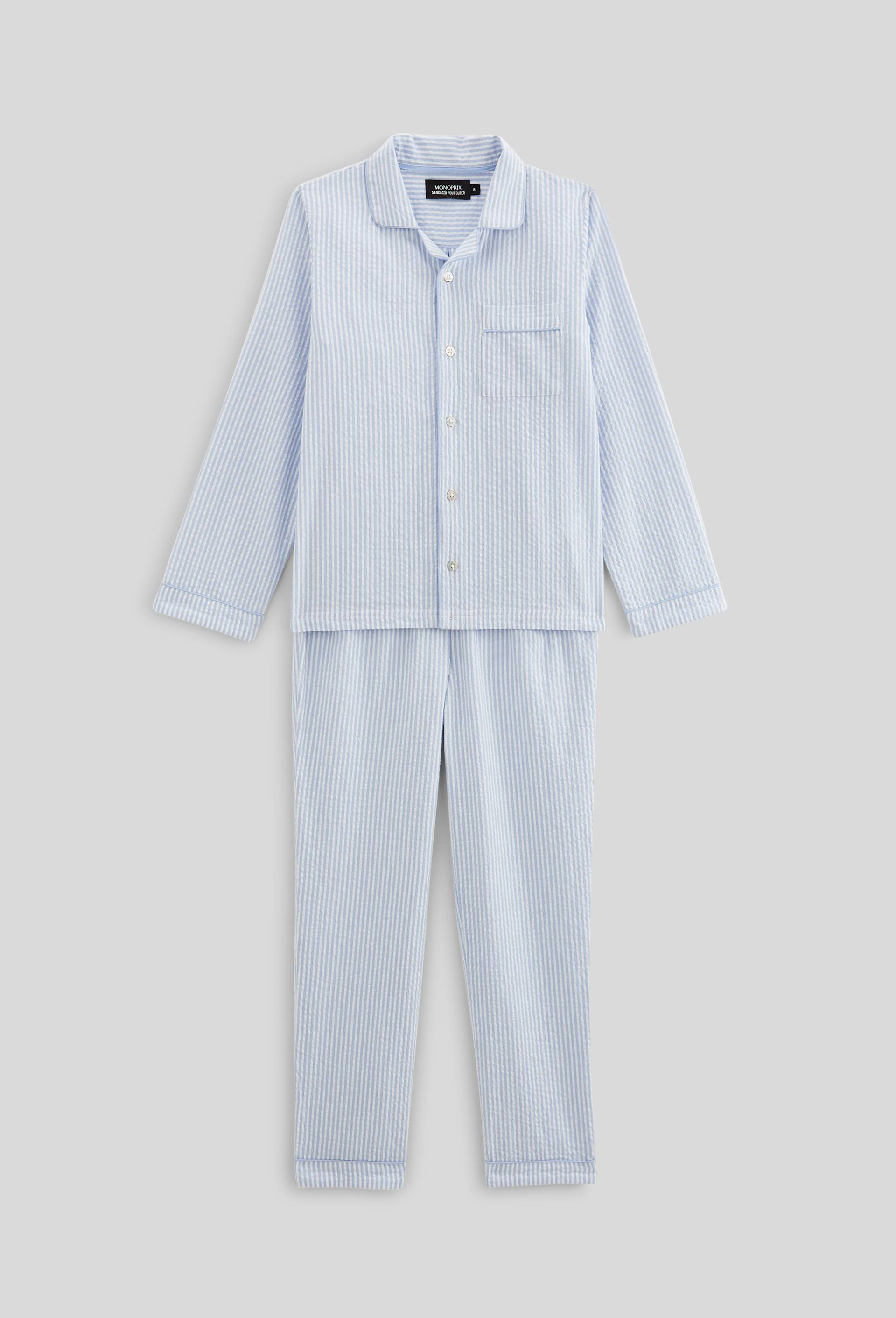 Pyjama chemise manches longues ray&eacute; en coton BIO GOTS, Bleu, large image number 1