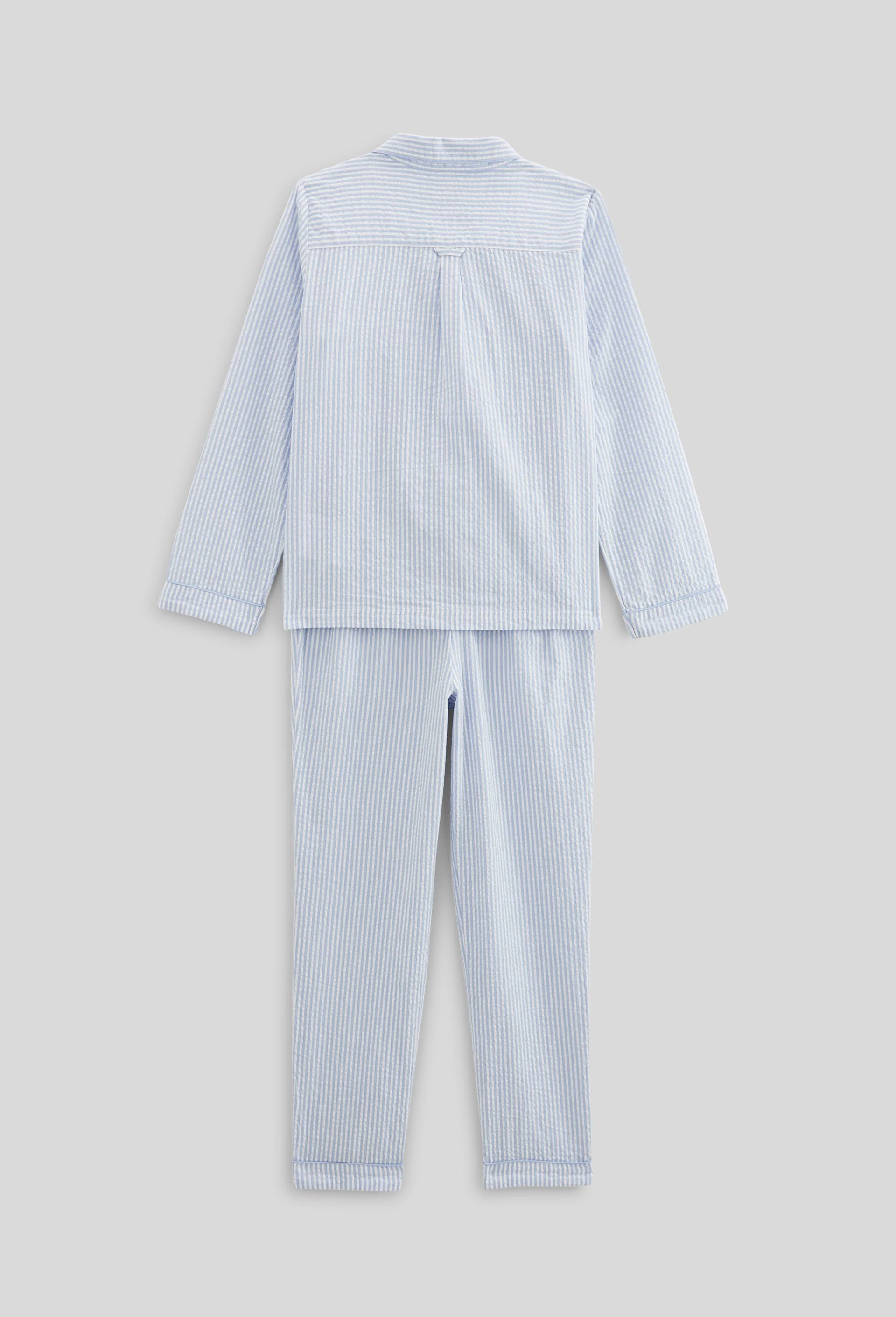 Pyjama chemise manches longues ray&eacute; en coton BIO GOTS, Bleu, large image number 2.0