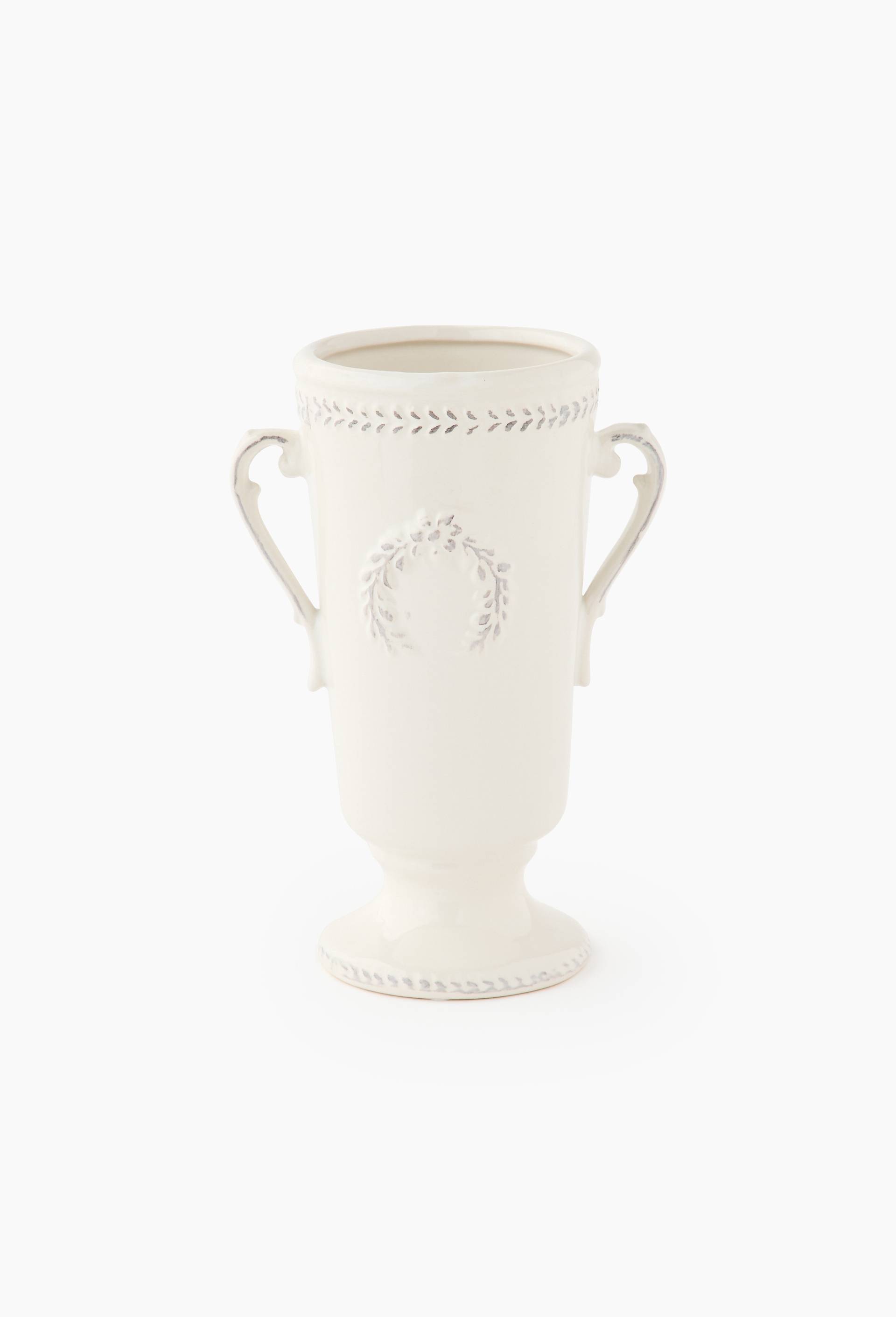 Vase emboss&eacute; anses, 10,6xH22cm, en c&eacute;ramique, Ecru, large image number 0.0