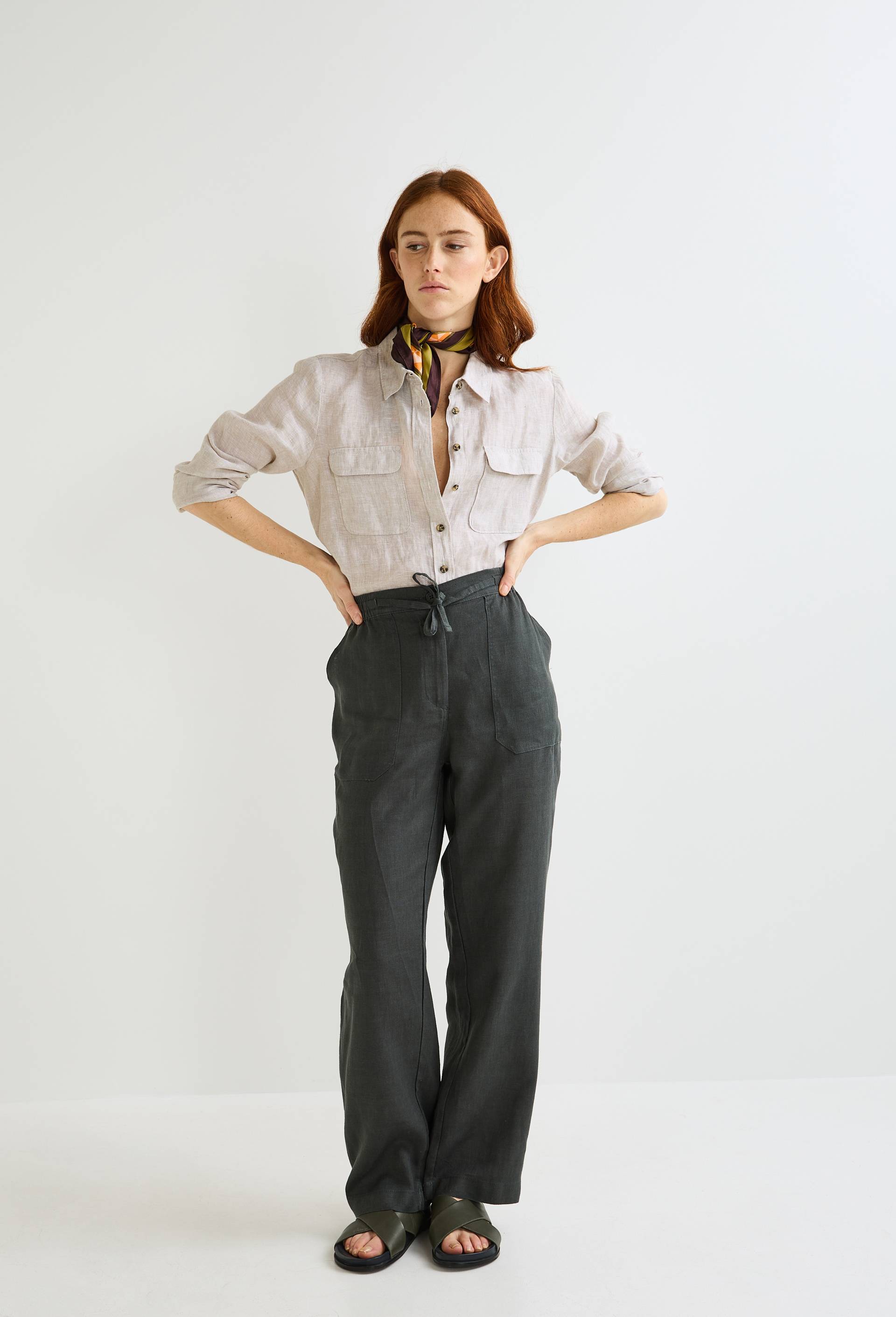 Pantalon taille semi-élastiquée uni en lin, Vert foncé, large image number 0