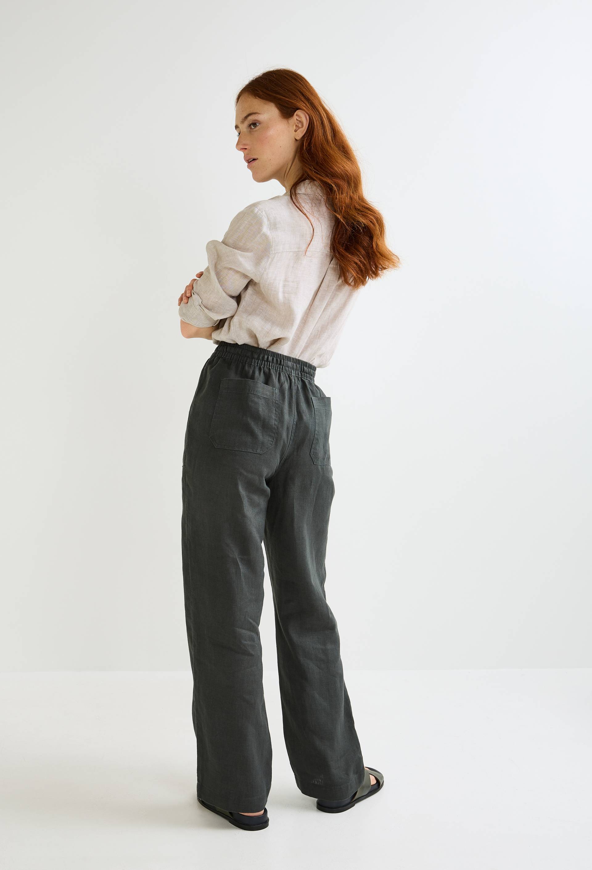 Pantalon taille semi-élastiquée uni en lin, Vert foncé, large image number 1