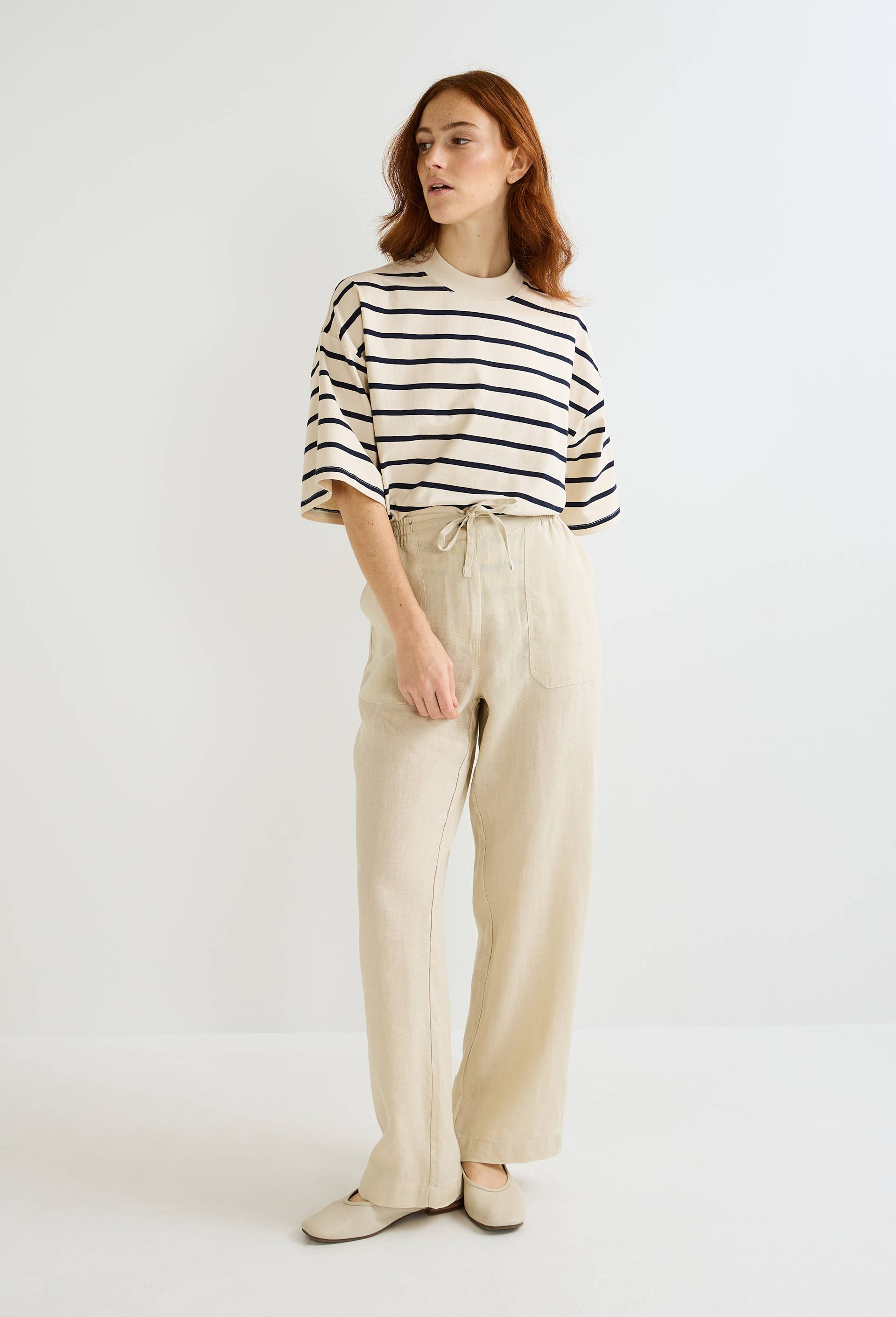 Pantalon taille semi-élastiquée uni en lin, Beige clair, large image number 0