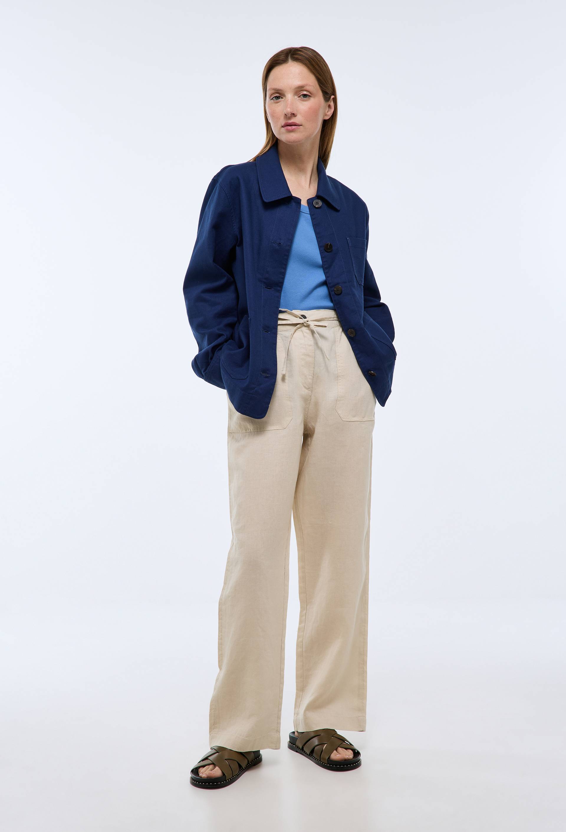 Pantalon taille semi-&eacute;lastiqu&eacute;e uni en lin, Beige clair, large image number 0