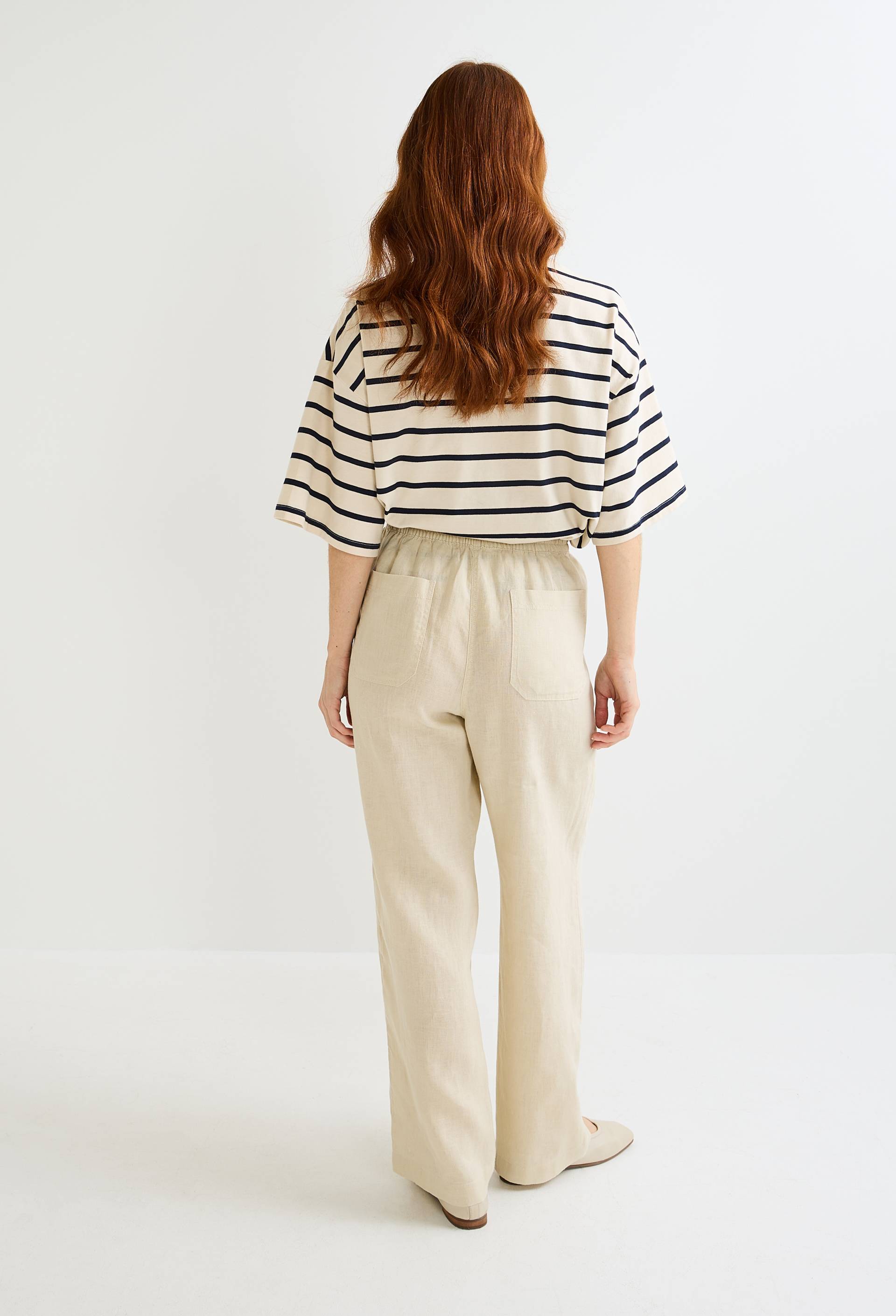 Pantalon taille semi-élastiquée uni en lin, Beige clair, large image number 1