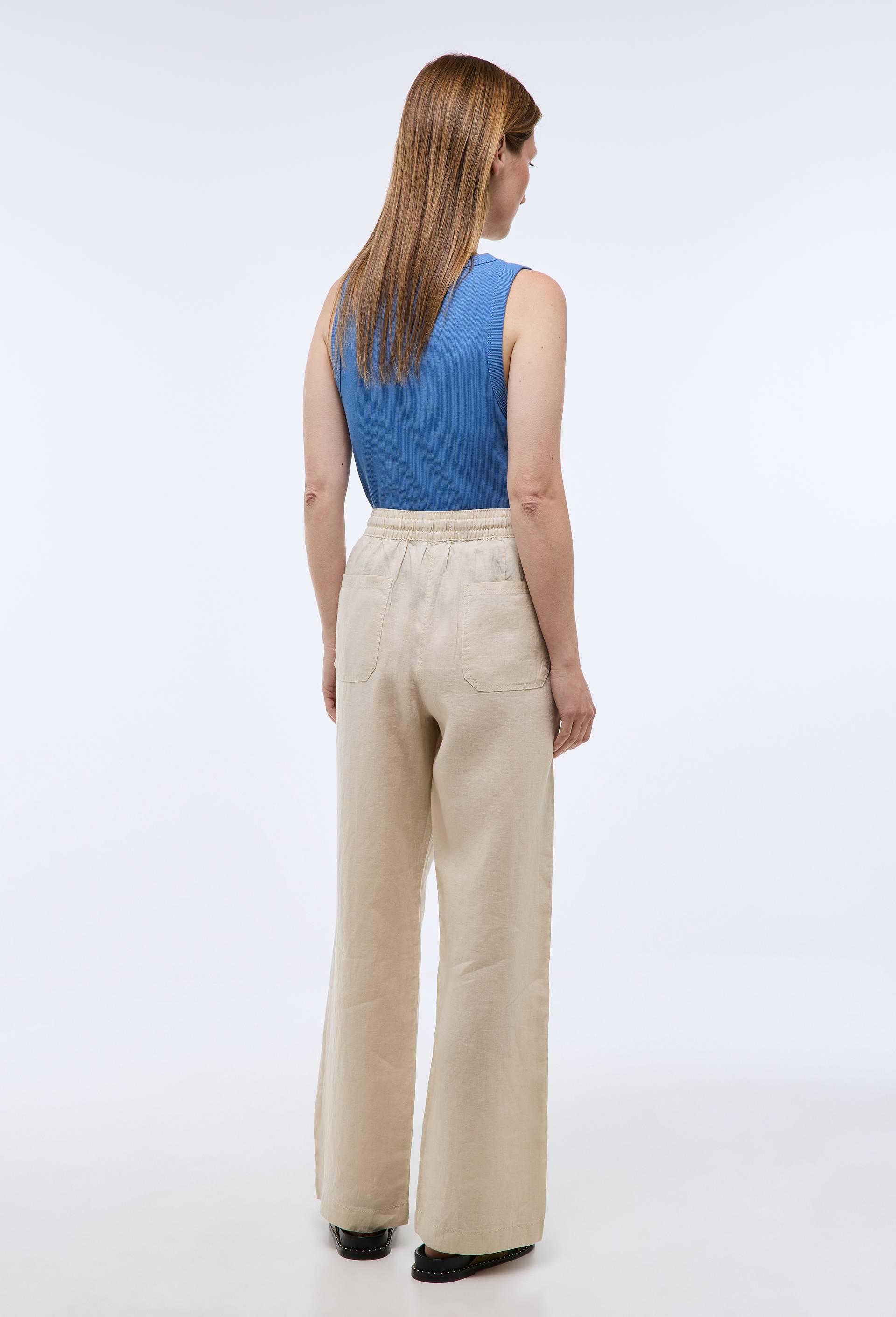 Pantalon taille semi-&eacute;lastiqu&eacute;e uni en lin, Beige clair, large image number 1