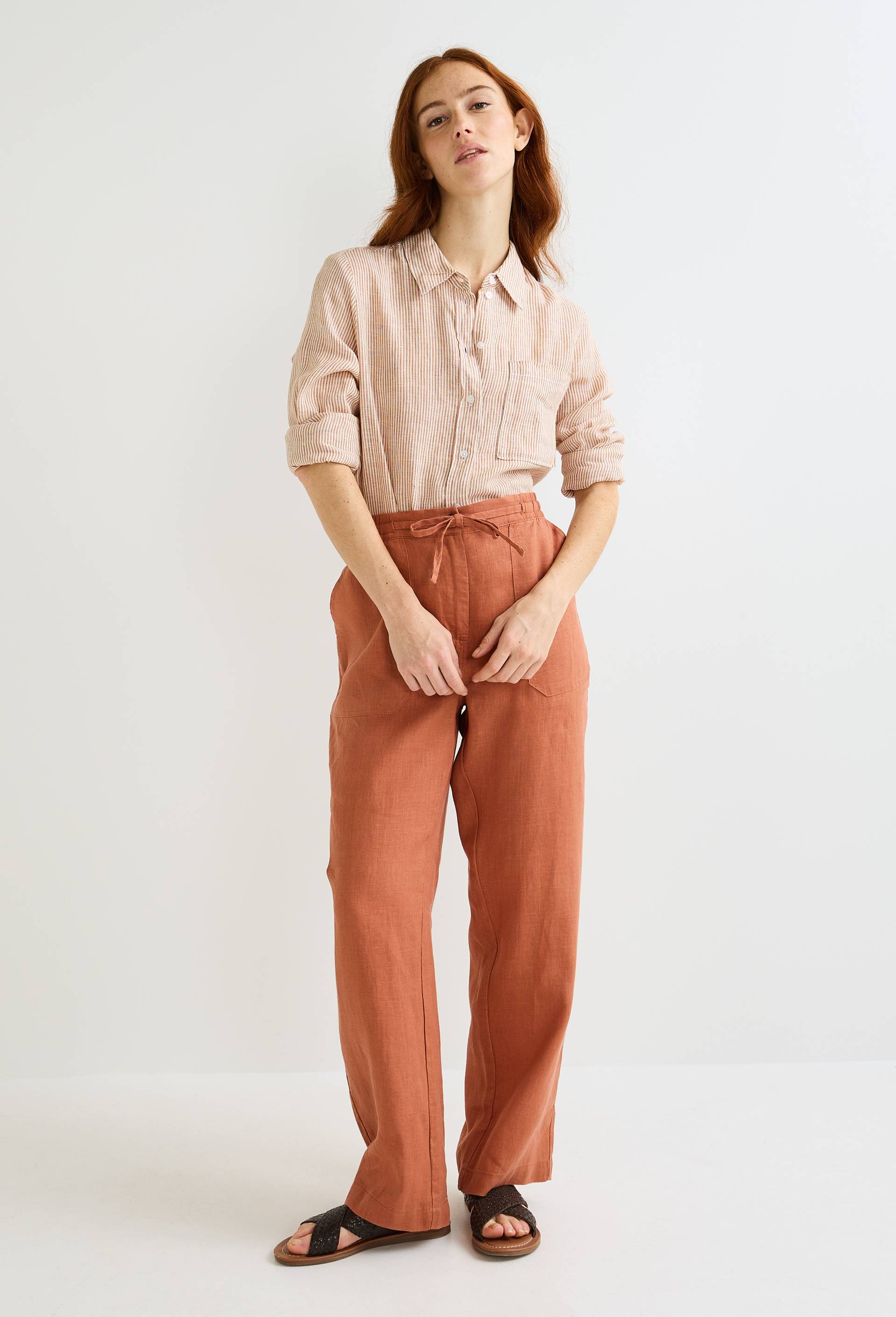 Pantalon taille semi-élastiquée uni en lin, Orange, large image number 0