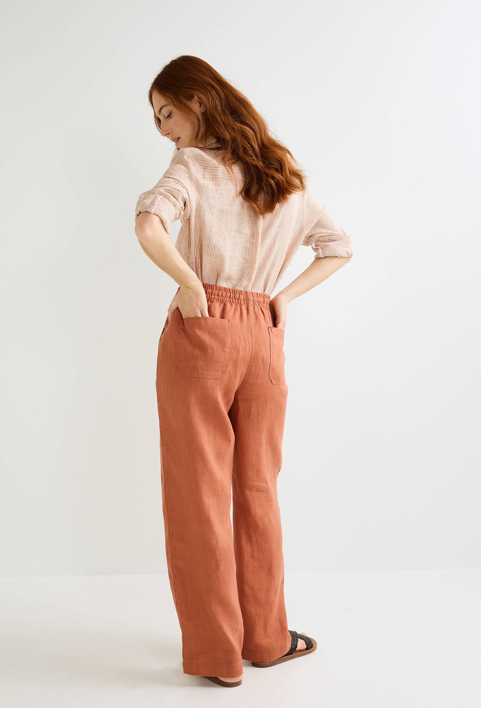 Pantalon taille semi-élastiquée uni en lin, Orange, large image number 1