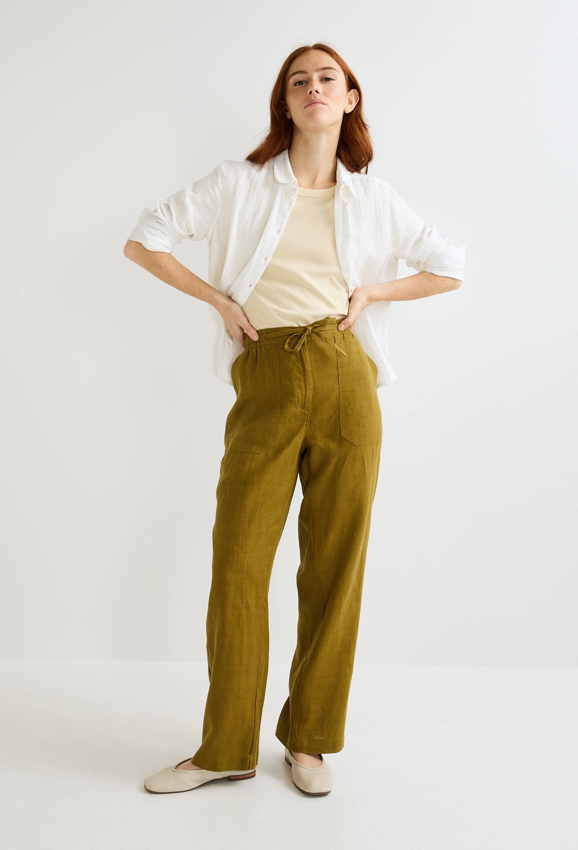 Pantalon taille semi-élastiquée uni en lin, Vert, large image number 0