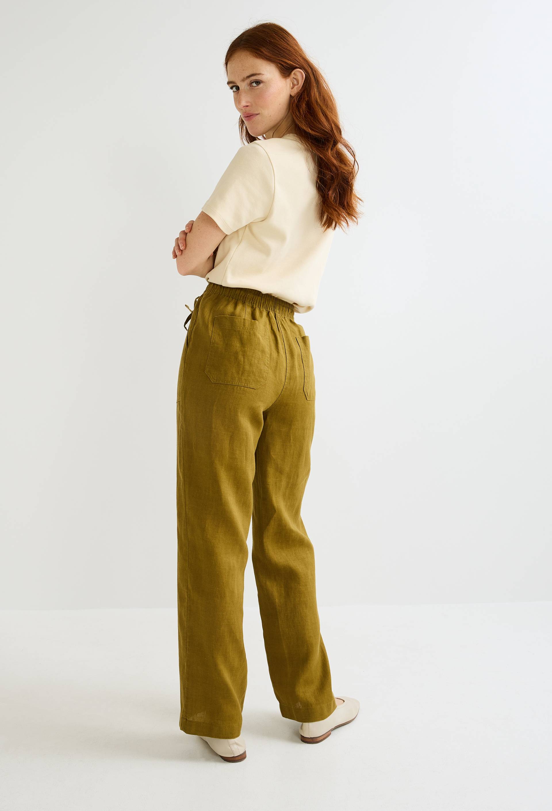 Pantalon taille semi-élastiquée uni en lin, Vert, large image number 1