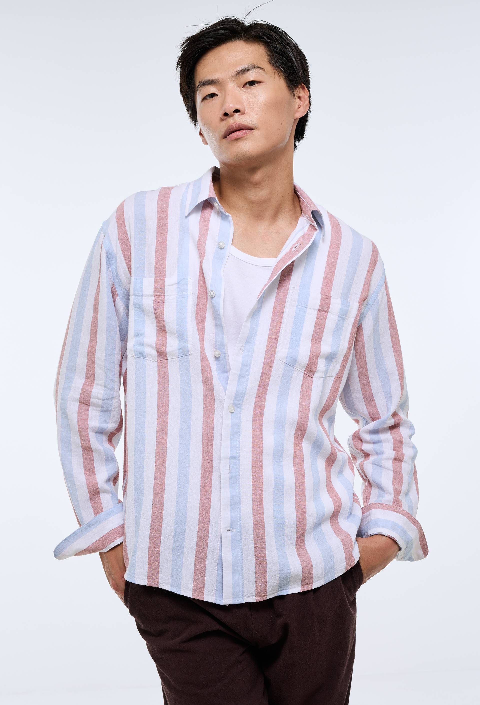 Chemise manches longues ray&eacute;e en m&eacute;lange lin, Rose, large image number 0.0