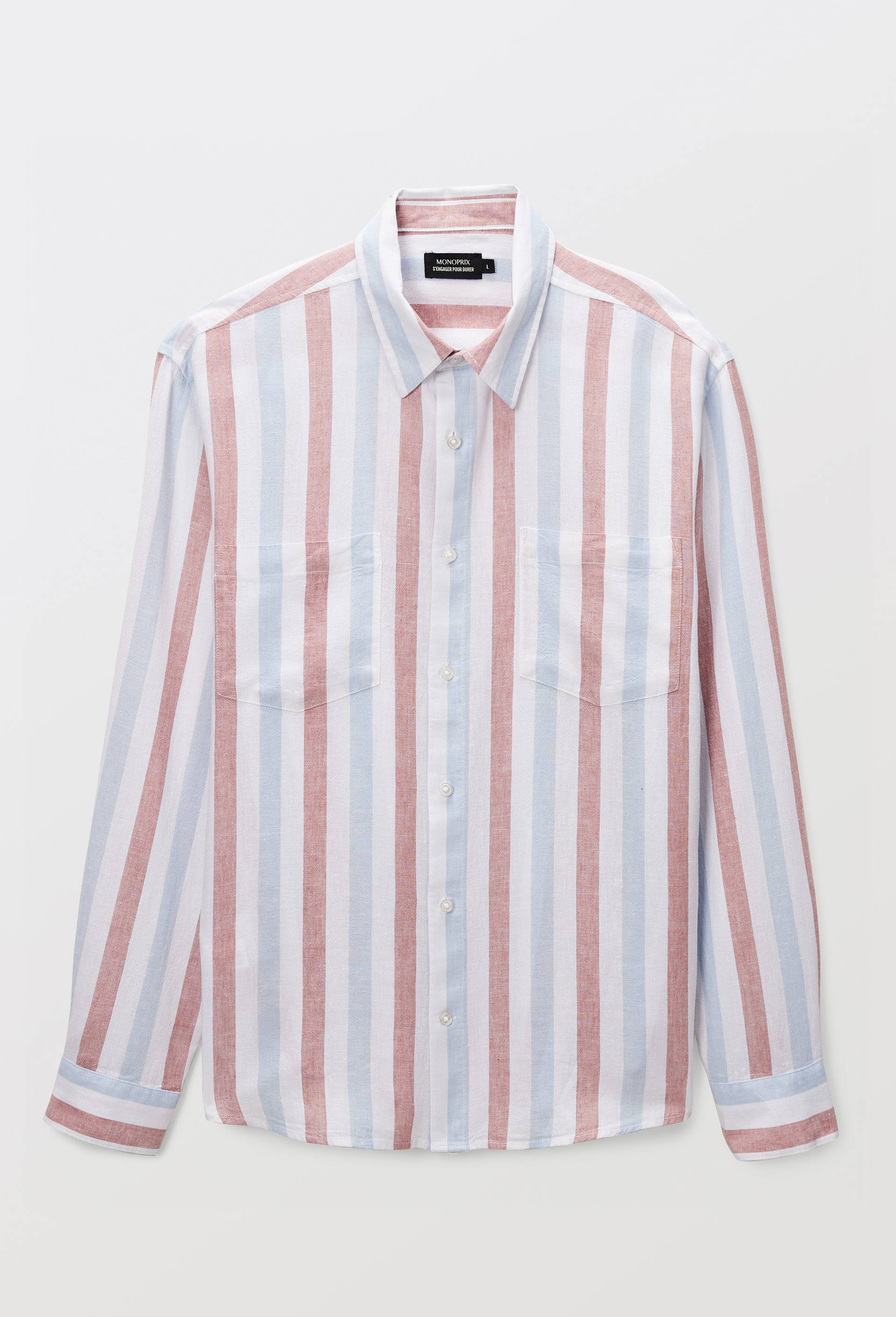 Chemise manches longues ray&eacute;e en m&eacute;lange lin, Rose, large image number 2.0