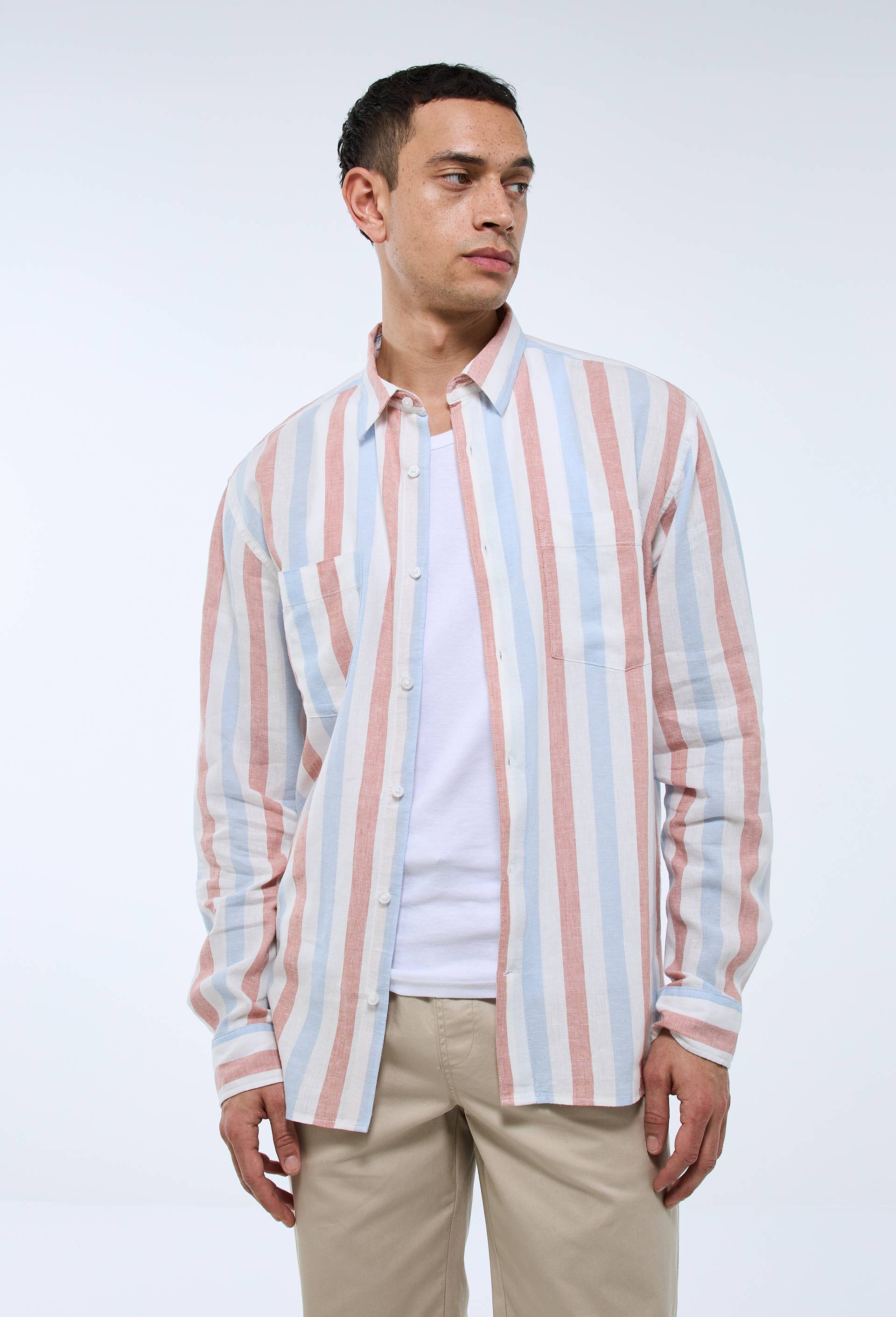 Chemise manches longues ray&eacute;e en m&eacute;lange lin, Rose, large image number 3