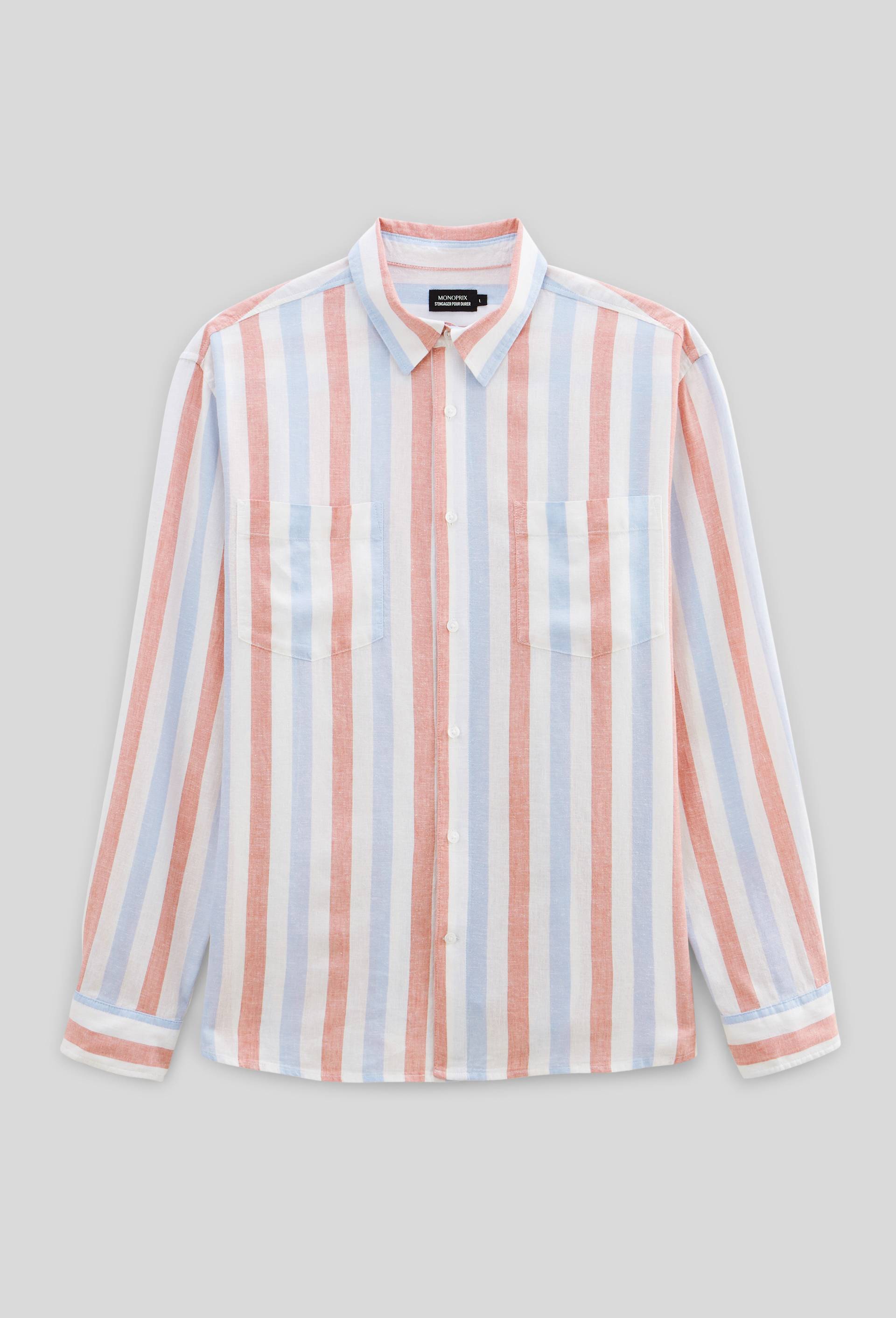 Chemise manches longues ray&eacute;e en m&eacute;lange lin, Rose, large image number 5.0