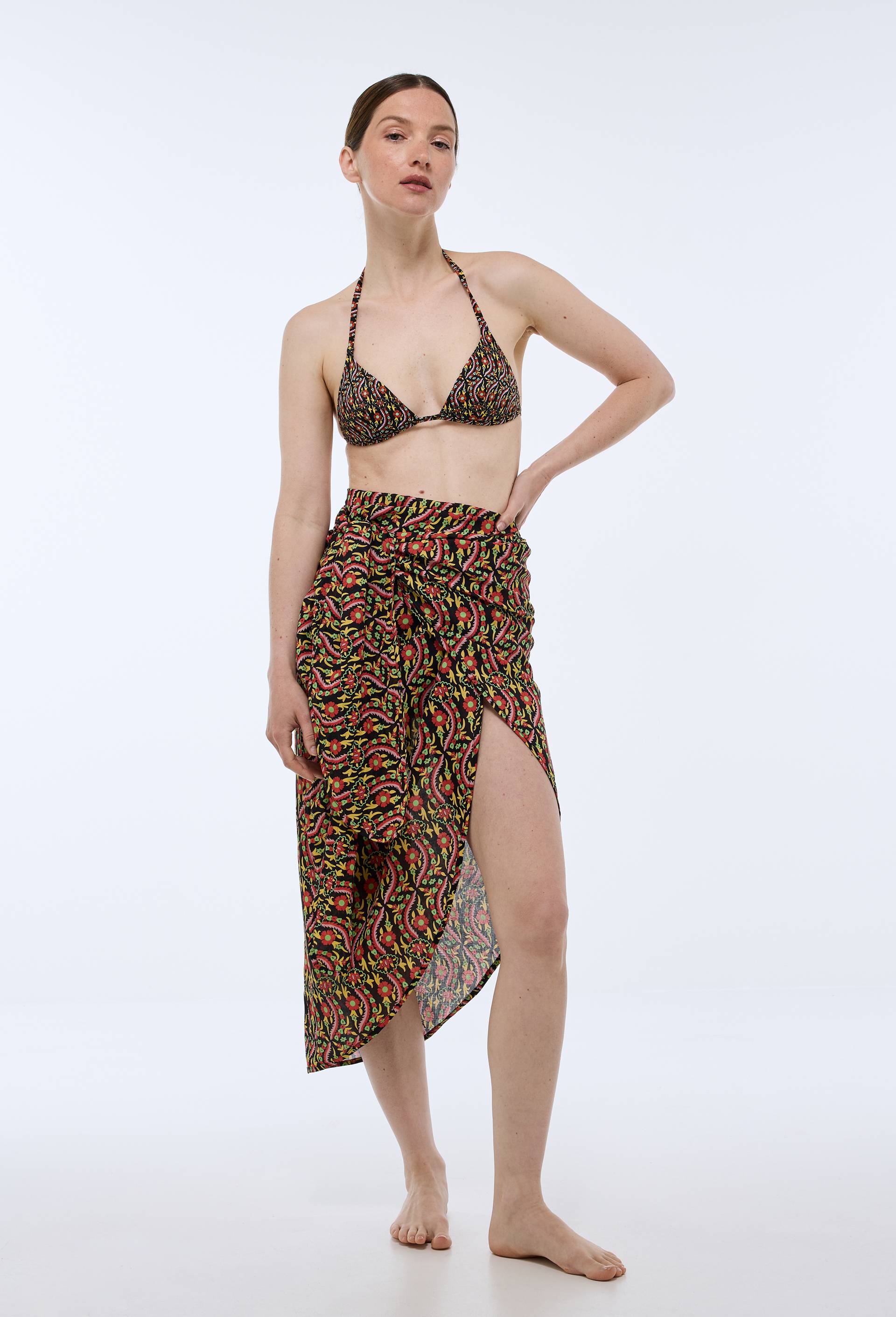 Paréo imprimé à nouer en voile de coton BIO GOTS - CAROLINE DE BENOIST X MONOPRIX, Noir, large image number 0