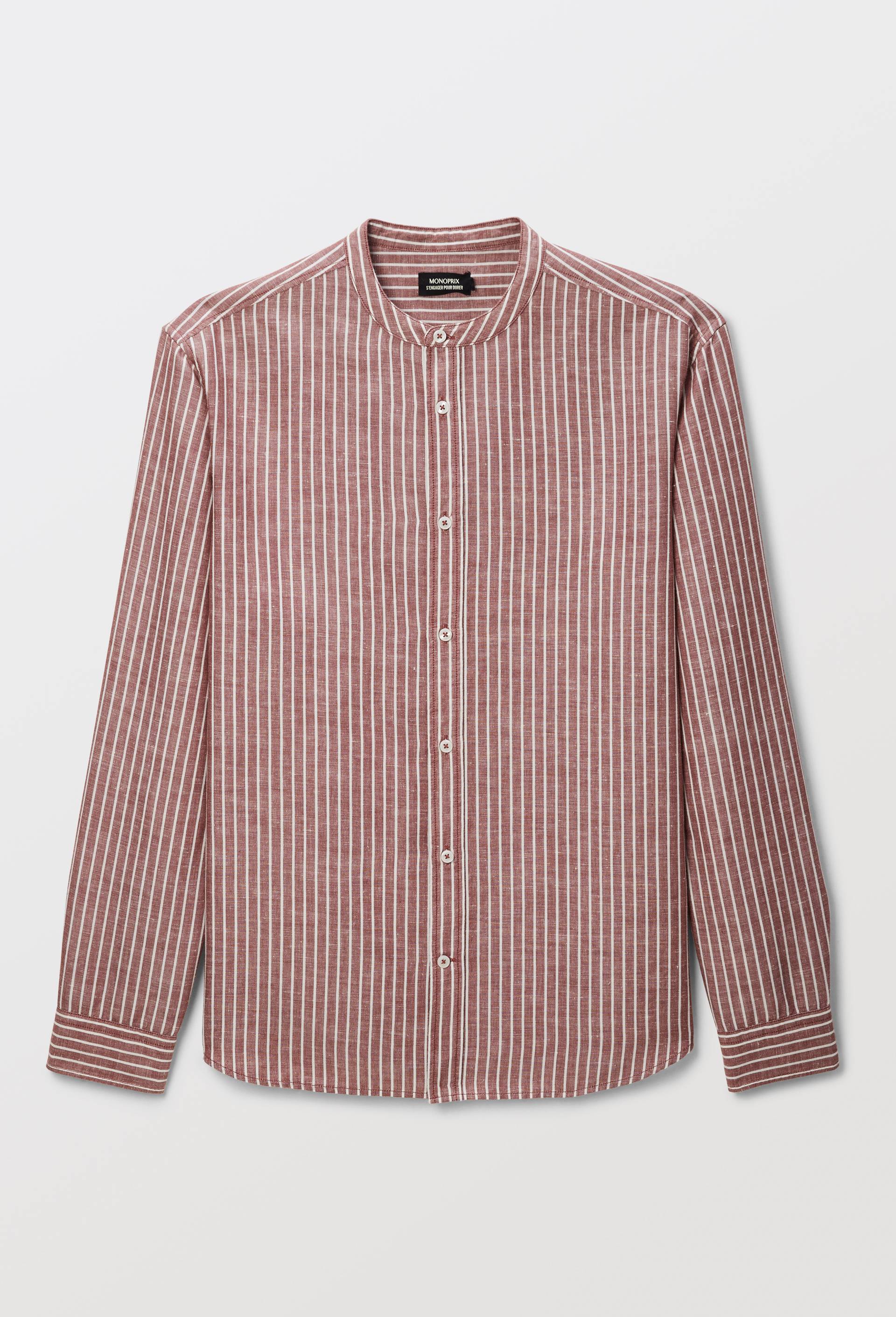 Chemise manches longues col mao ray&eacute;e en m&eacute;lange lin et coton, Brun, large image number 4.0