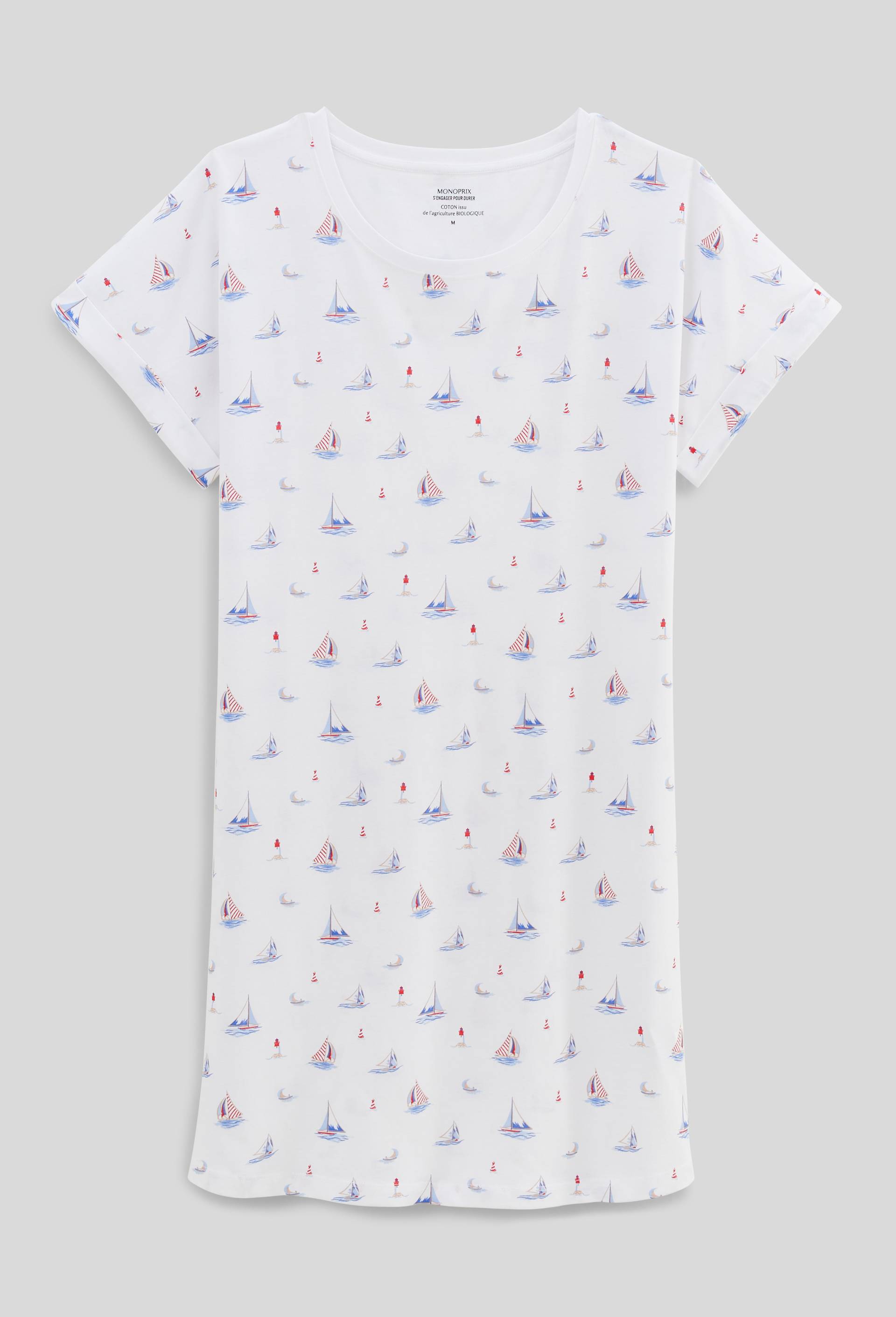 Chemise de nuit manches courtes imprim&eacute; marin en coton BIO, Blanc, large image number 2