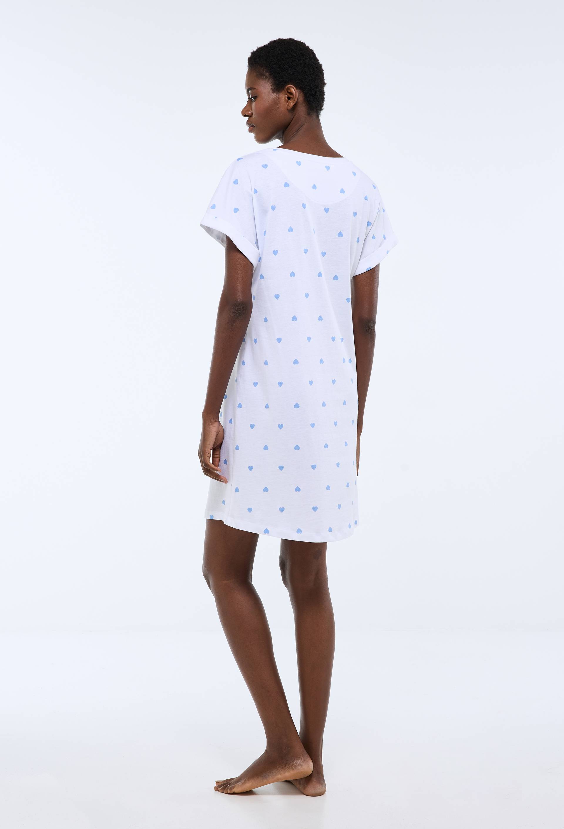 Chemise de nuit manches courtes imprim&eacute; coeur en coton BIO GOTS, Blanc, large image number 1