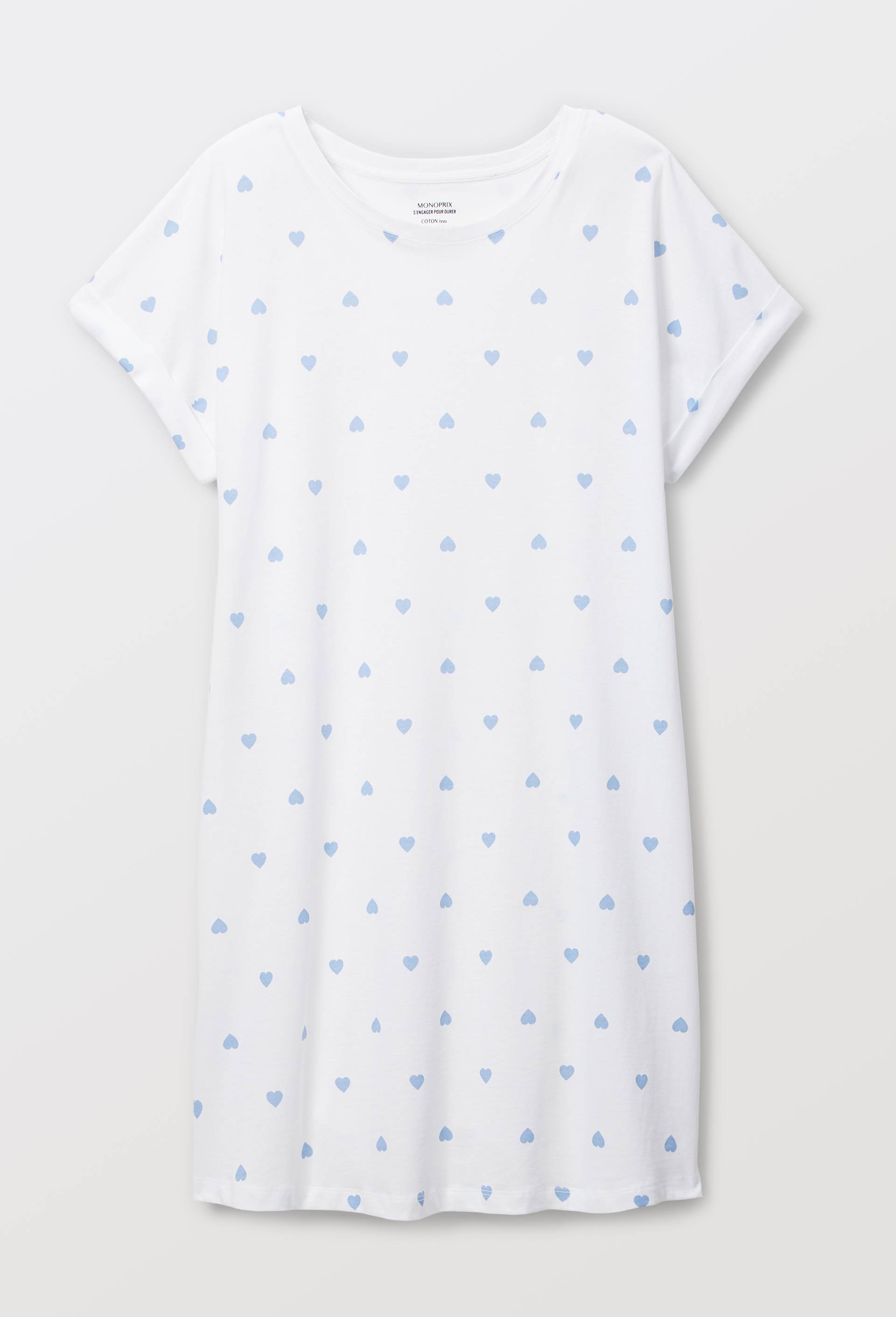 Chemise de nuit manches courtes imprim&eacute; coeur en coton BIO GOTS, Blanc, large image number 2.0