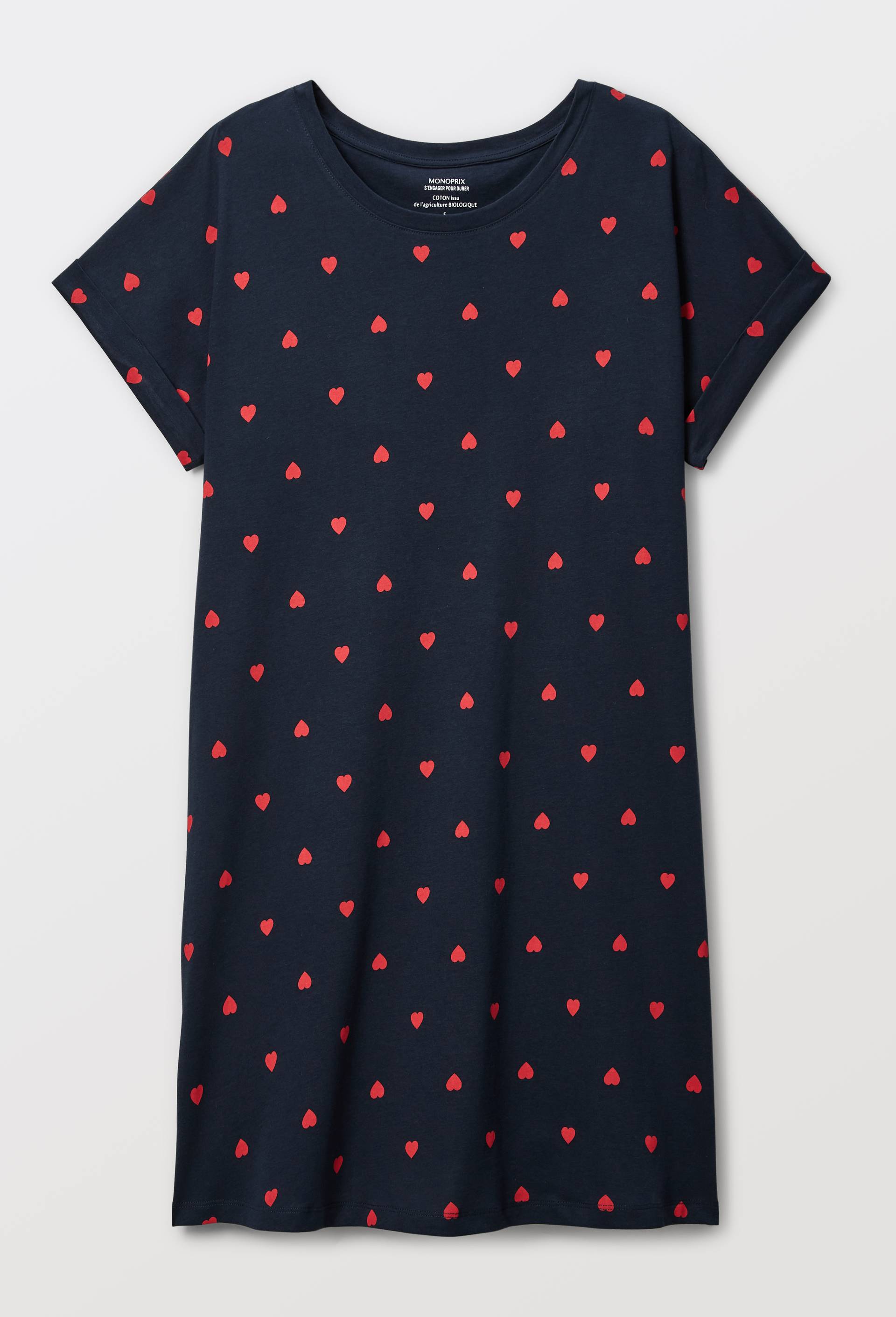 Chemise de nuit manches courtes imprim&eacute; coeur en coton BIO GOTS, Bleu fonc&eacute;, large image number 2