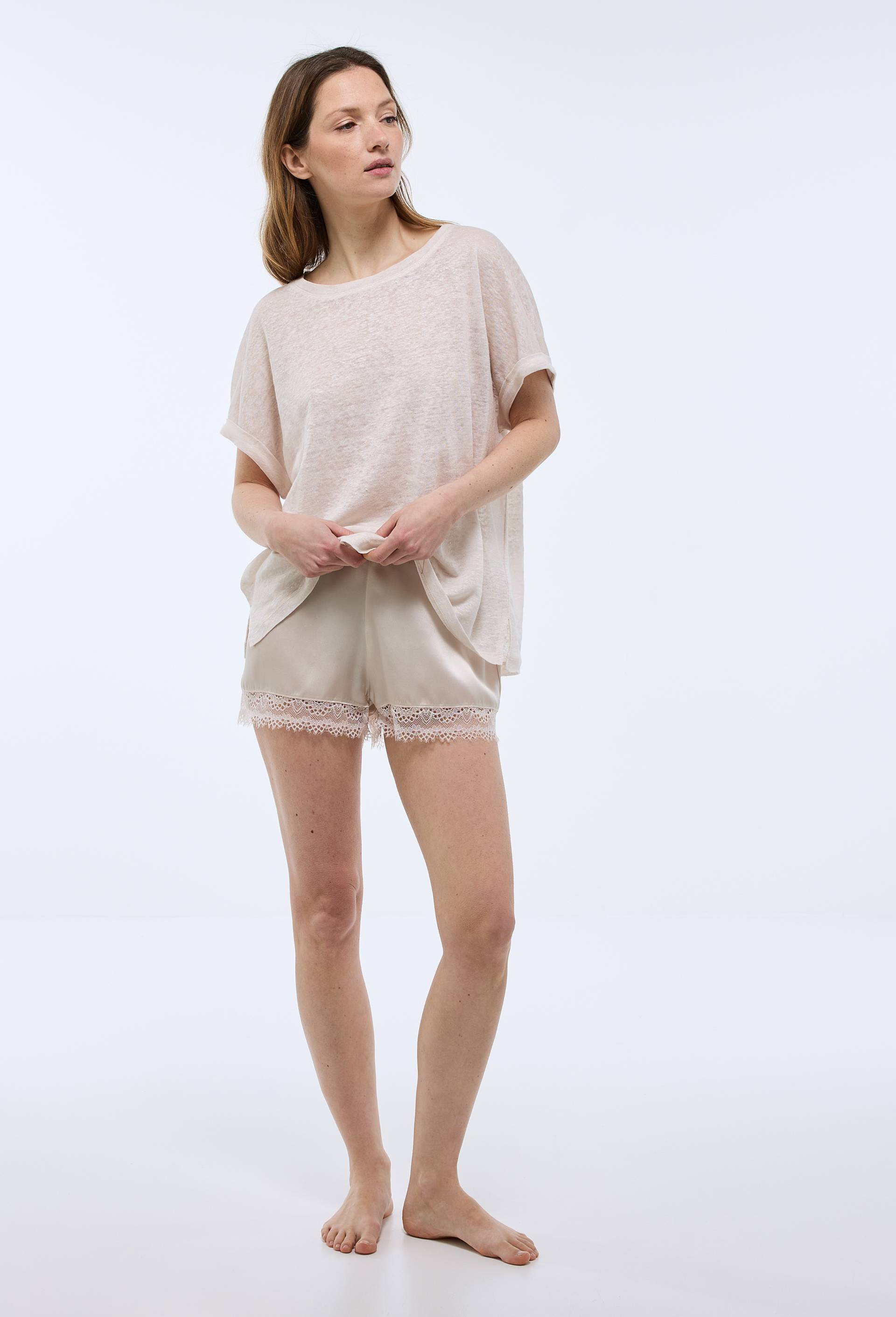 T-shirt col rond en lin jersey, Beige clair, swatch image