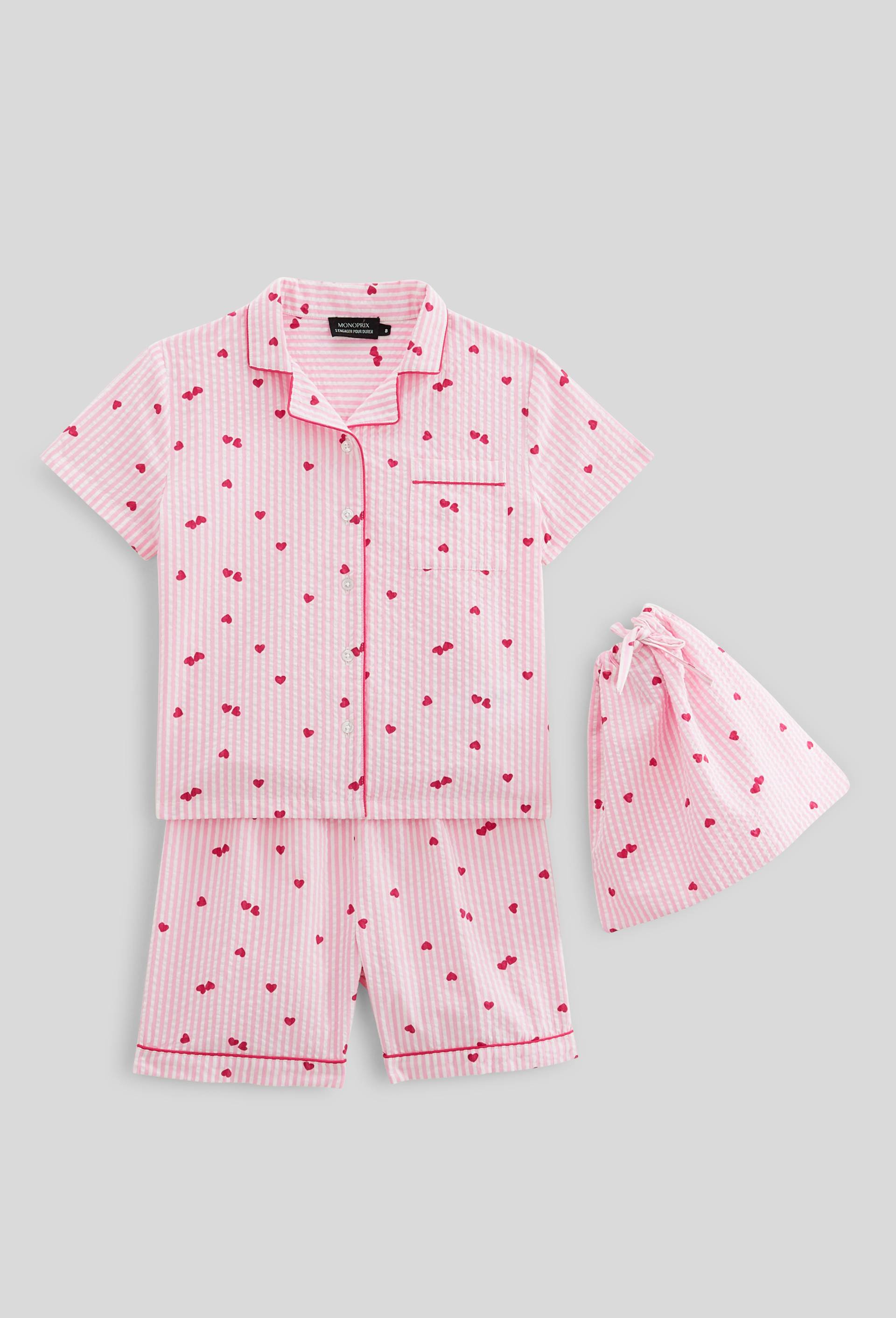 Pyjama chemise short en seesucker rayé en coton BIO GOTS, Rose, large image number 0