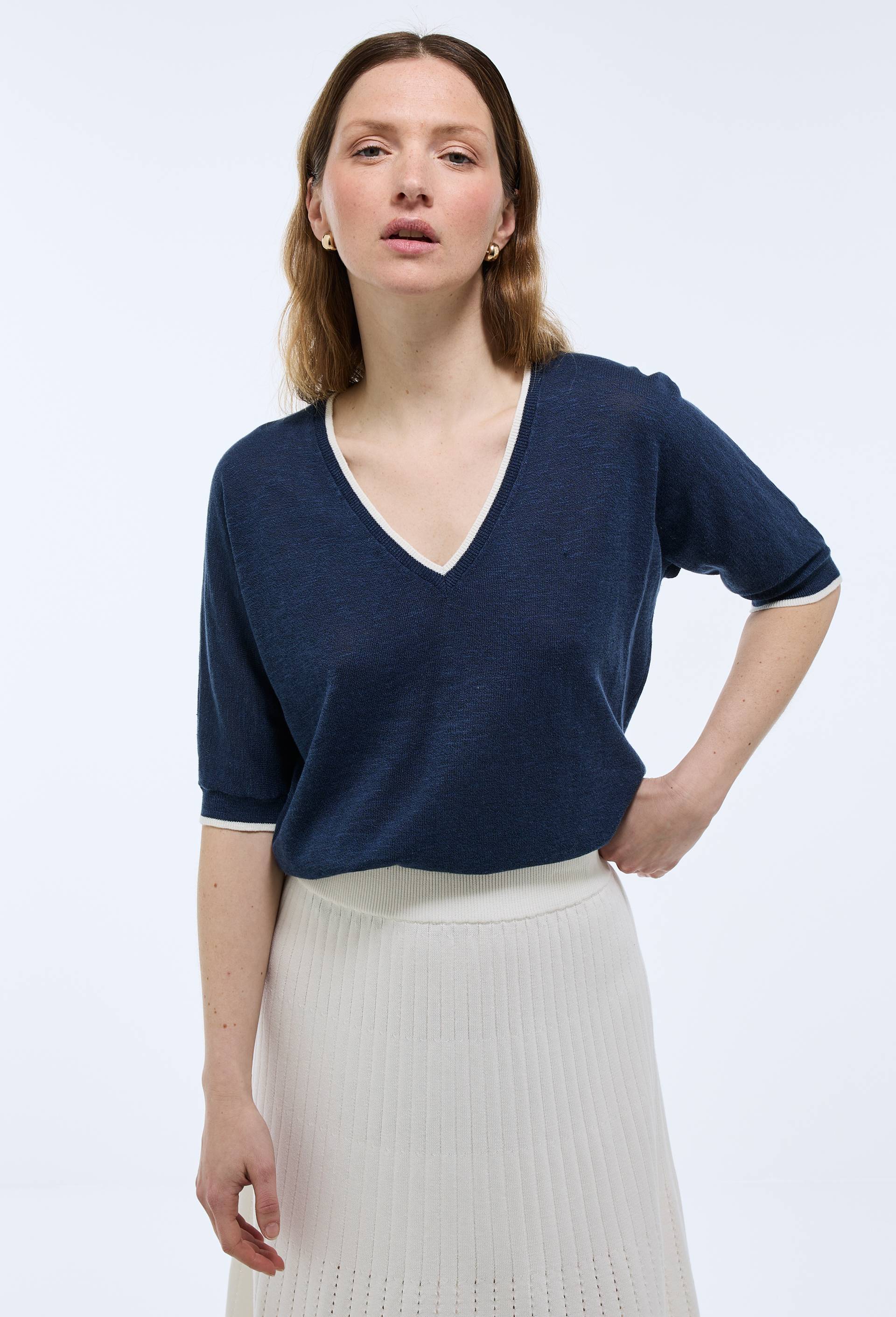 Pull col V manches 3/4 contenant du coton, Bleu, large image number 0