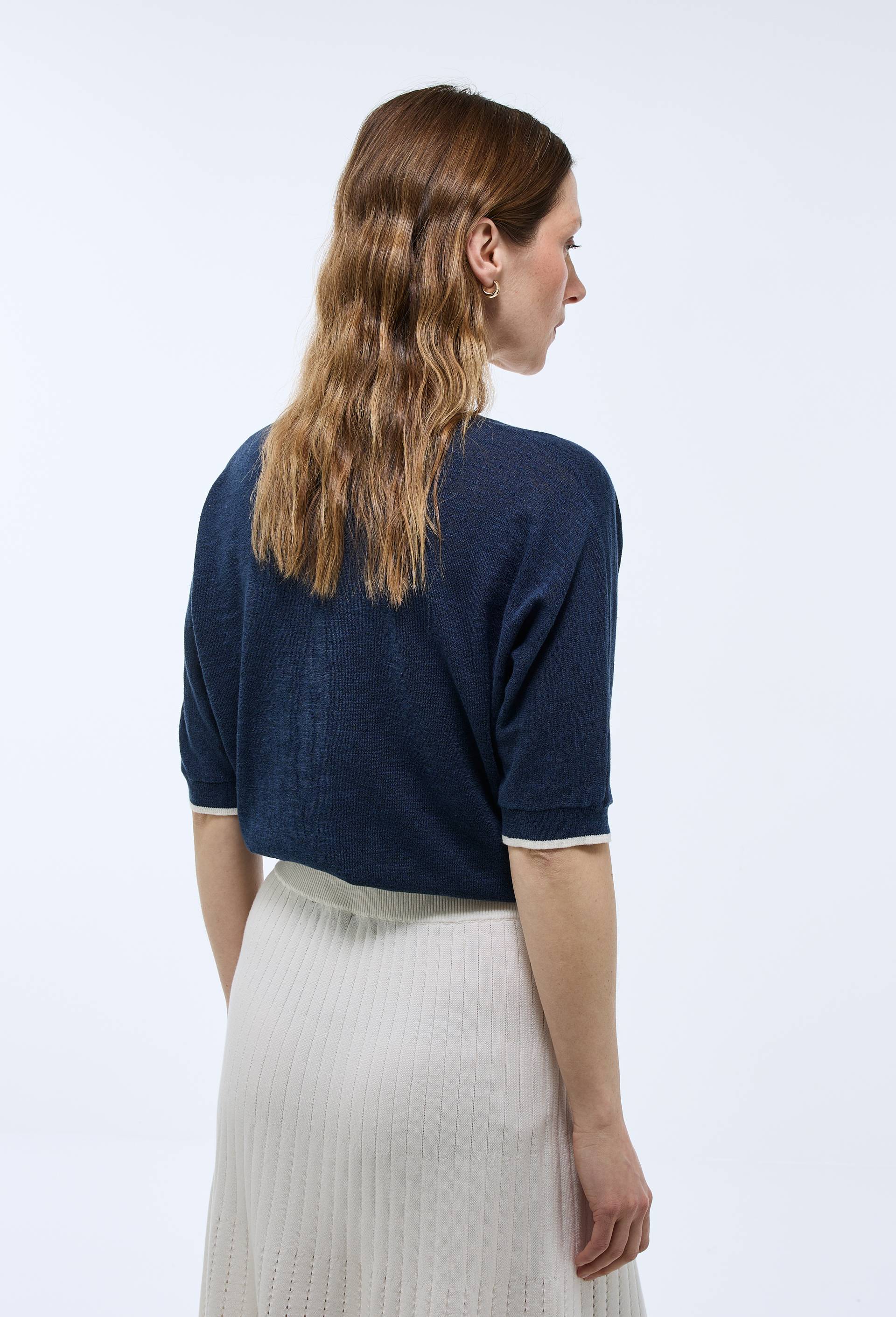 Pull col V manches 3/4 contenant du coton, Bleu, large image number 1.0