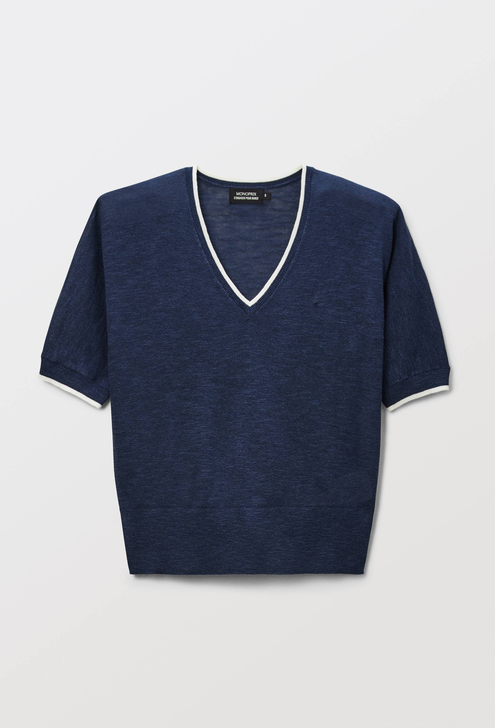 Pull col V manches 3/4 contenant du coton, Bleu, large image number 2