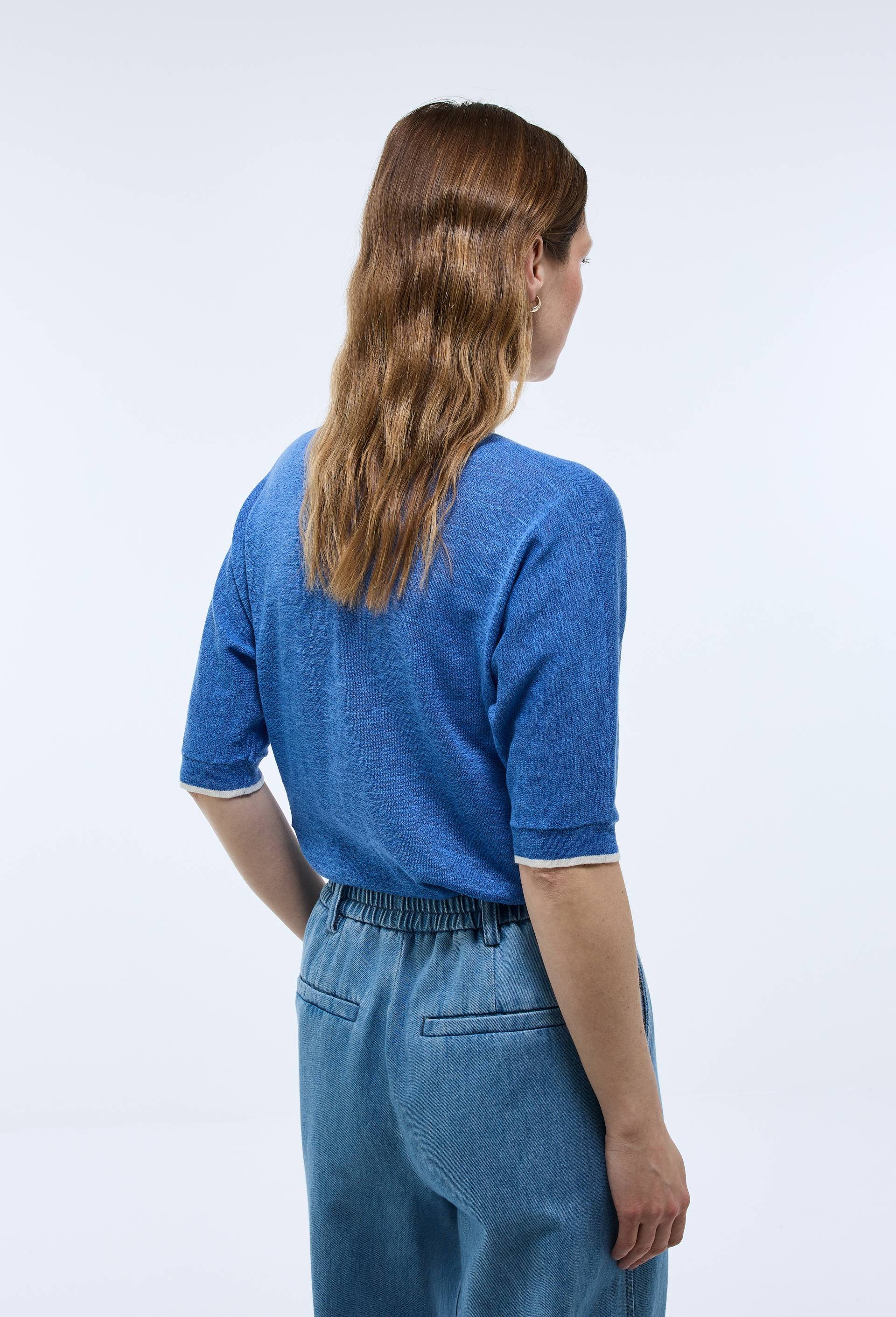 Pull col V manches 3/4 contenant du coton, Bleu, large image number 1