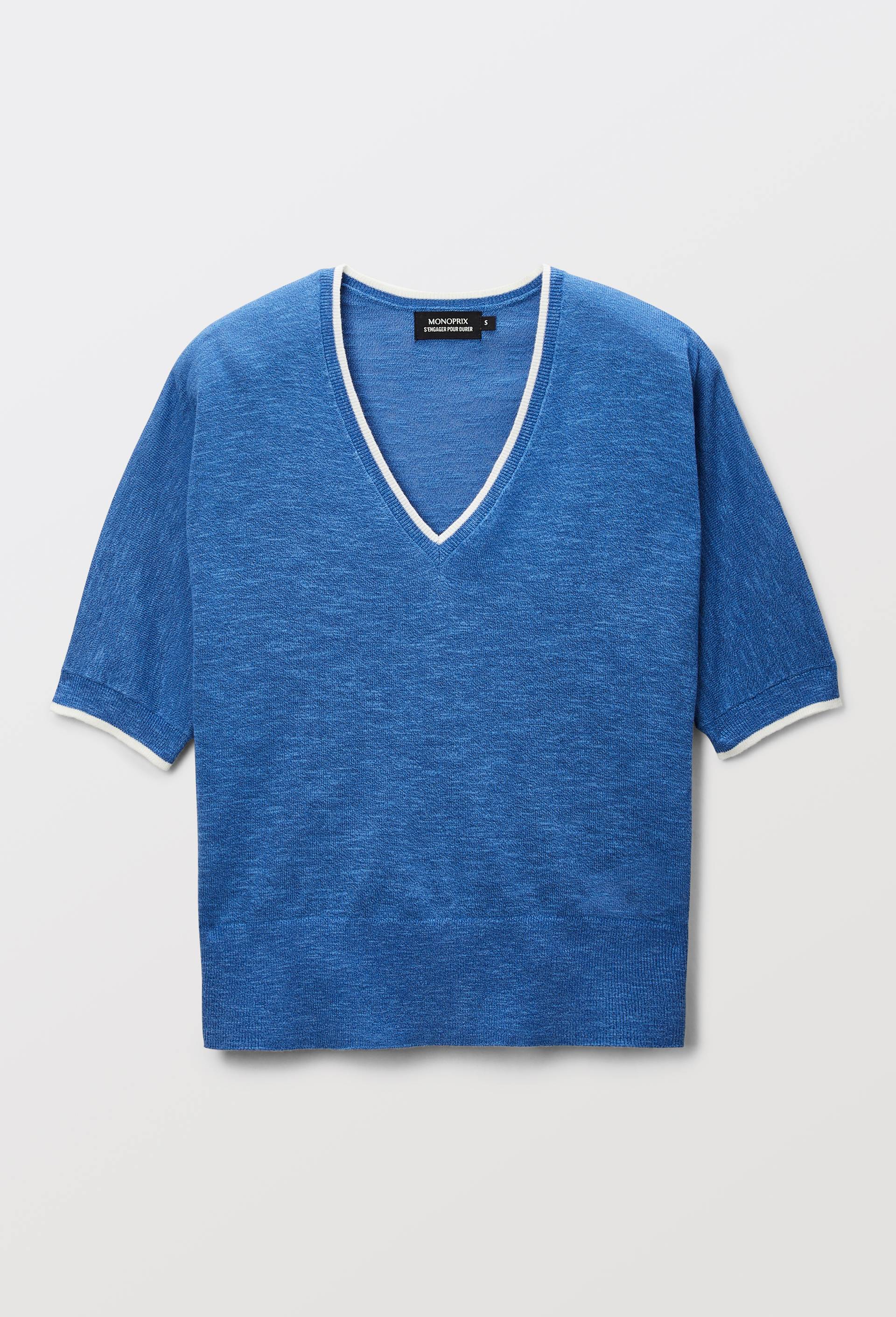 Pull col V manches 3/4 contenant du coton, Bleu, large image number 2