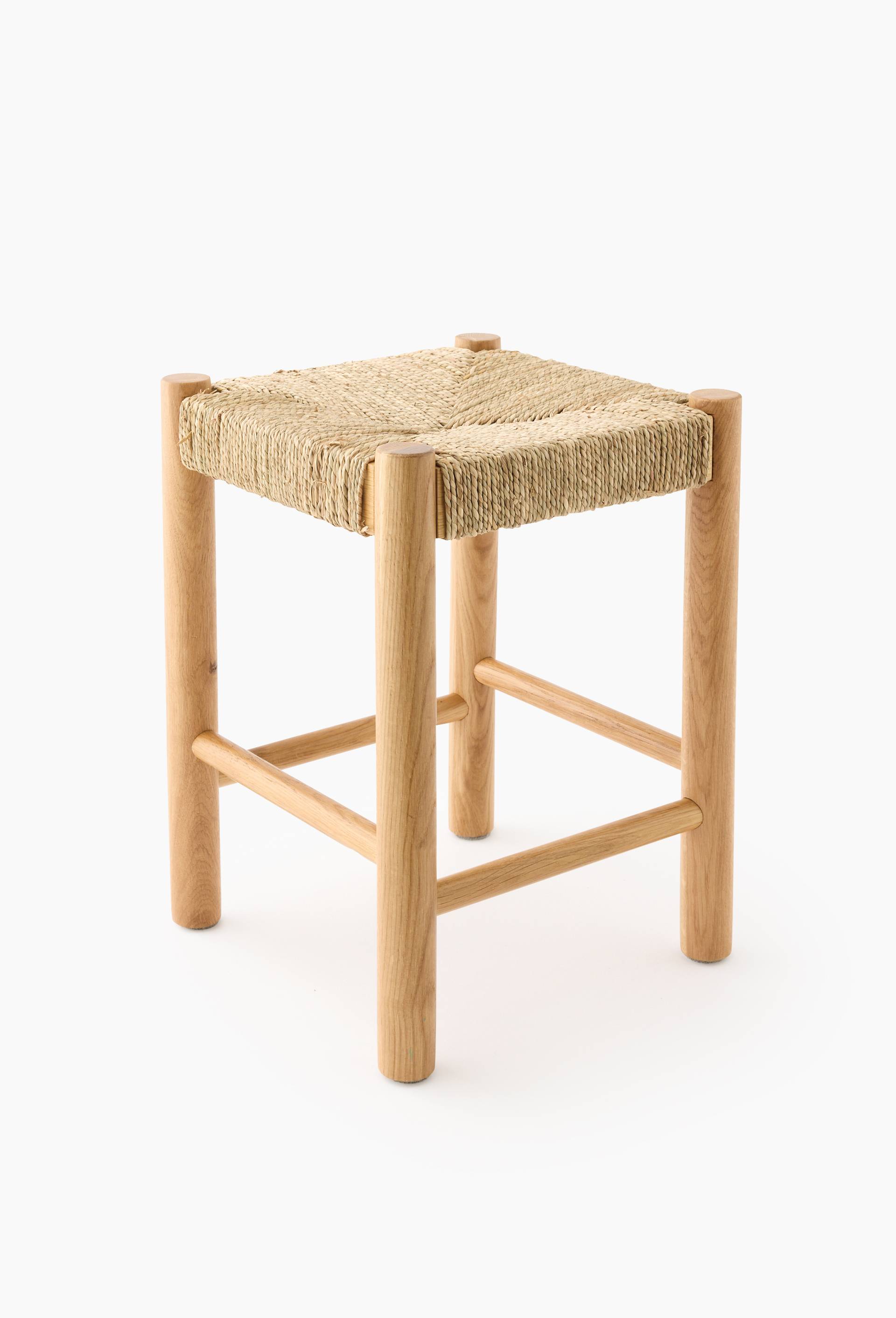 Tabouret tressage, H40x45cm, en bois de chêne et jonc de mer, Brun, large image number 0