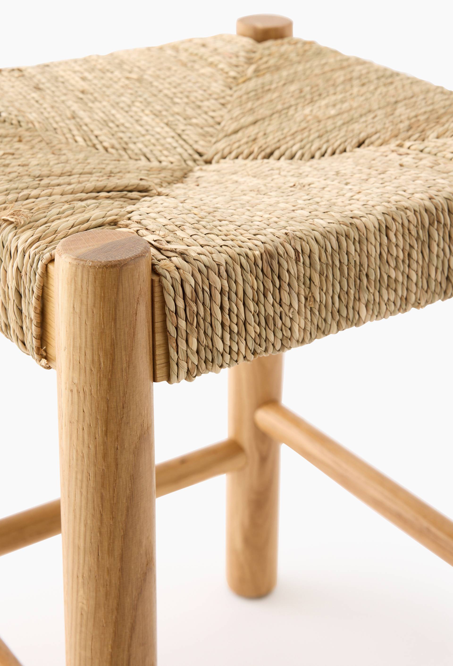 Tabouret tressage, H40x45cm, en bois de chêne et jonc de mer, Brun, large image number 1