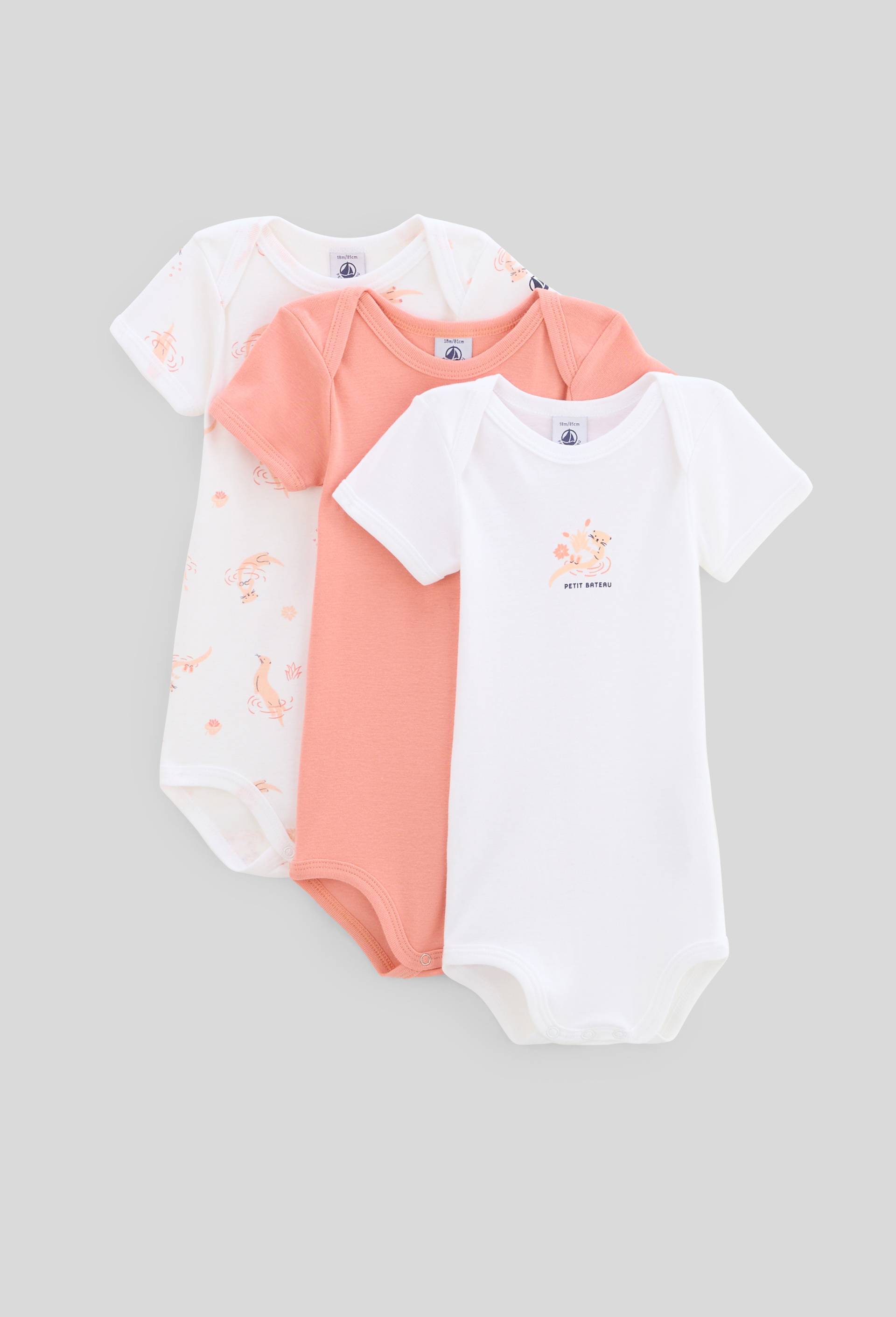 Lot de 3 bodies manches courtes, Petit Bateau, en coton BIO, certifi&eacute; OEKO-TEX, Rose clair, large image number 0