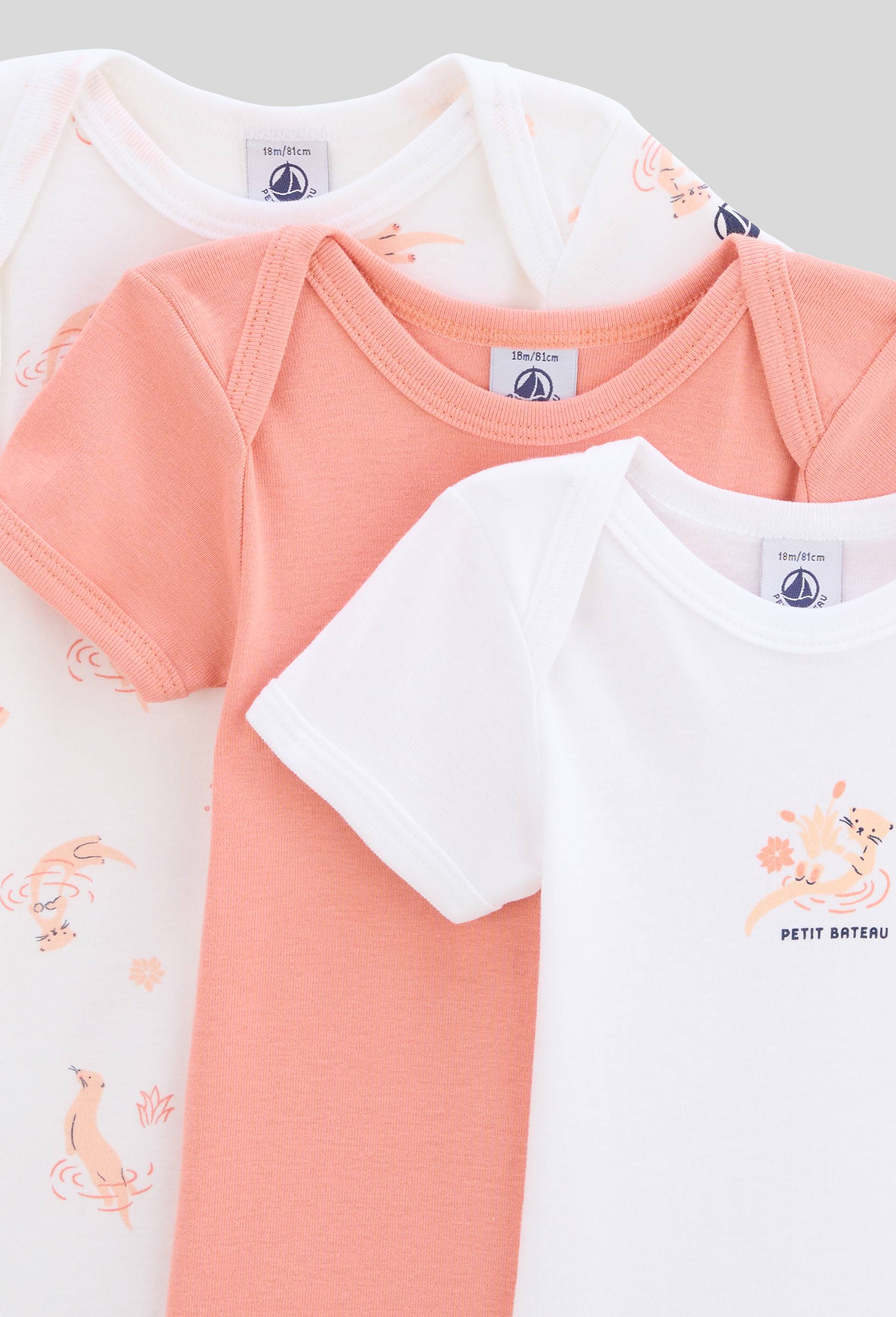 Lot de 3 bodies manches courtes, Petit Bateau, en coton BIO, certifi&eacute; OEKO-TEX, Rose clair, large image number 2.0