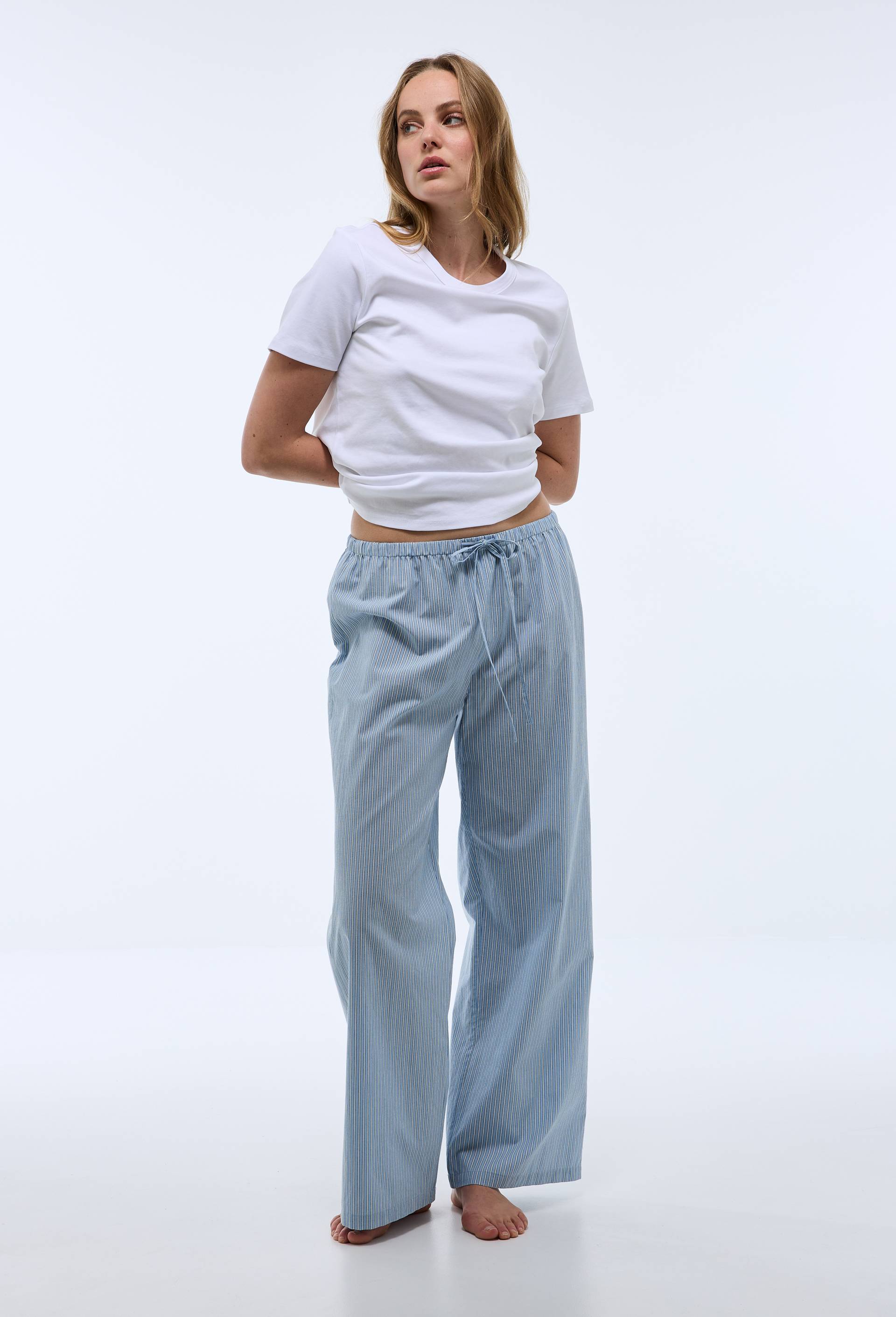 Pantalon ray&eacute; en popeline de coton BIO, Bleu, large image number 0
