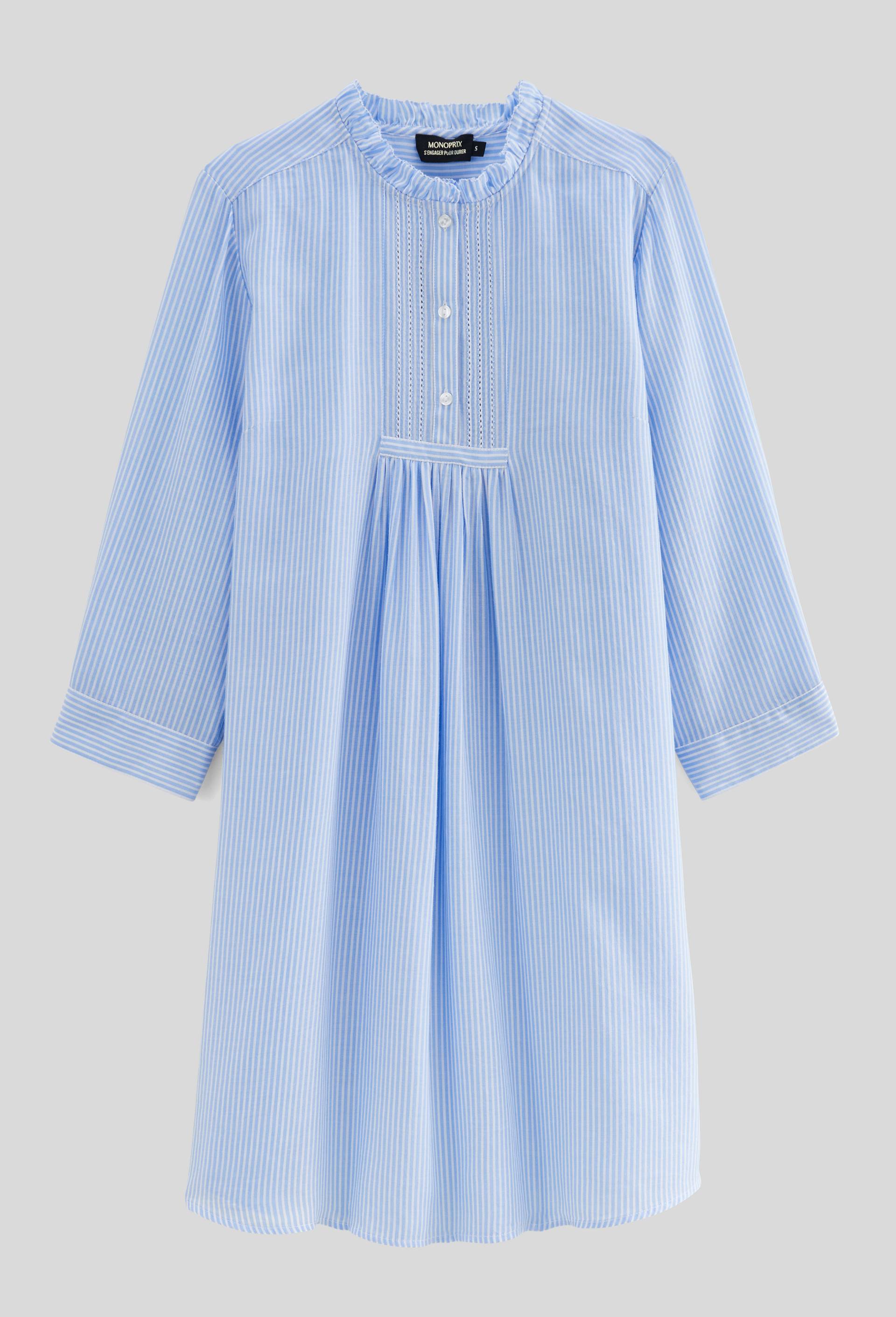 Chemise de nuit ray&eacute;e avec d&eacute;tail plastron en coton BIO GOTS, Bleu clair, large image number 2.0