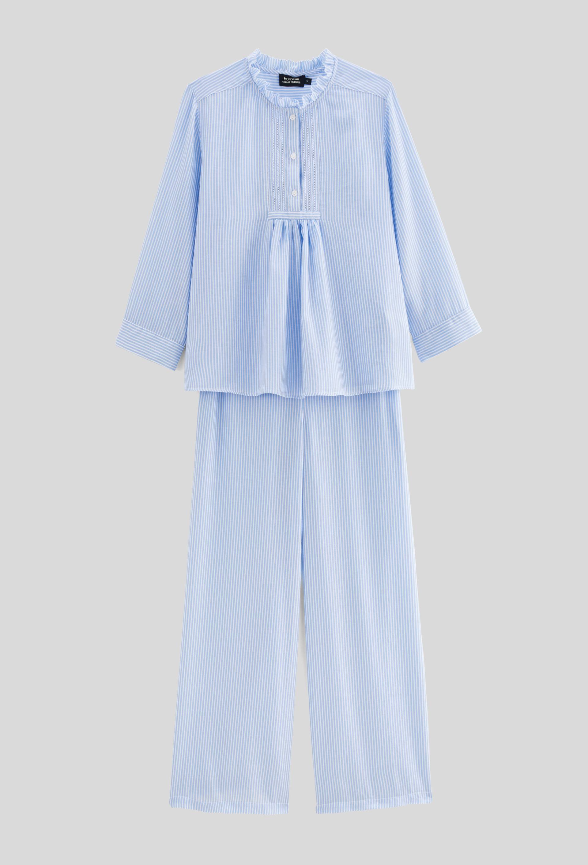 Pyjama ray&eacute; &agrave; manches longues avec d&eacute;tail plastron en coton BIO GOTS, Bleu clair, large image number 2