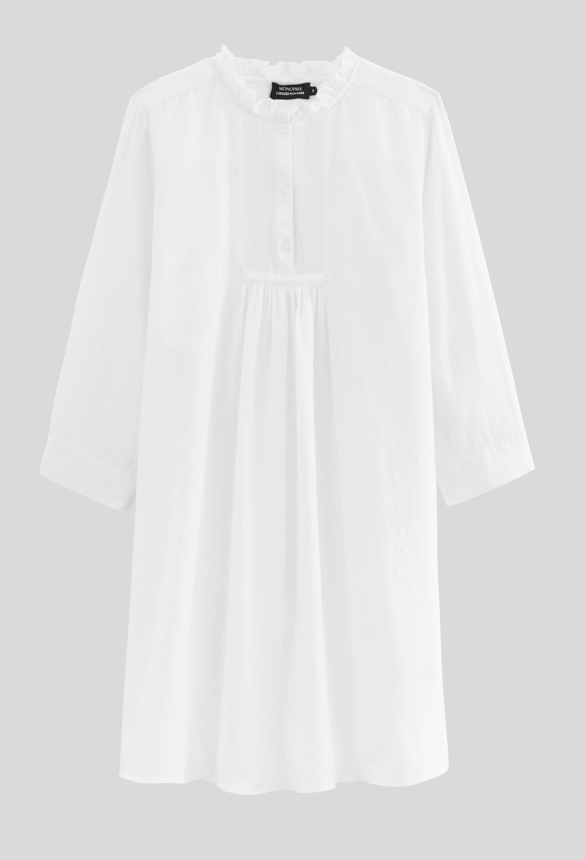 Chemise de nuit unie avec d&eacute;tail plastron en coton BIO, Ecru, large image number 3