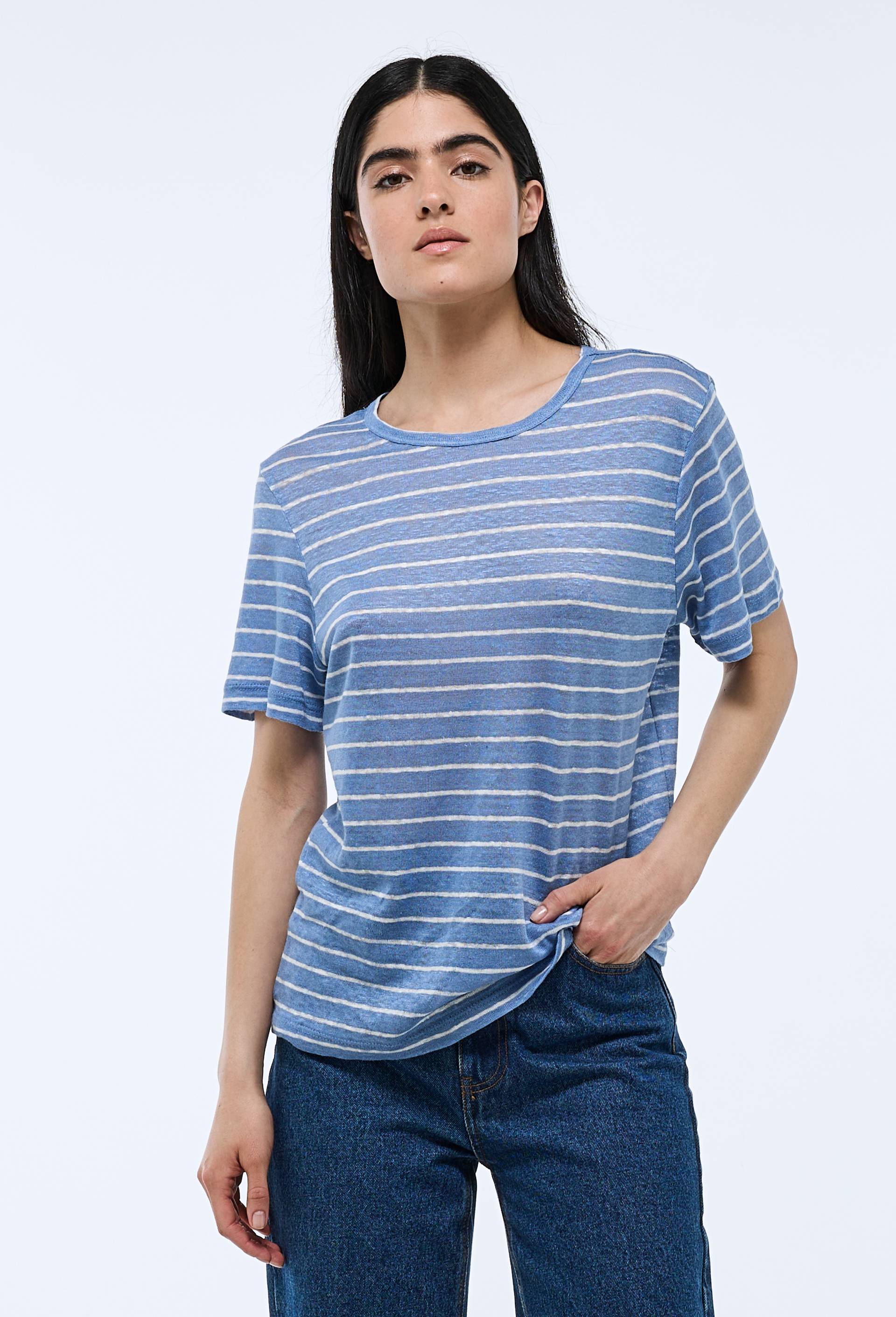 T-shirt &agrave; manches courtes ray&eacute; en lin, Bleu, large image number 0