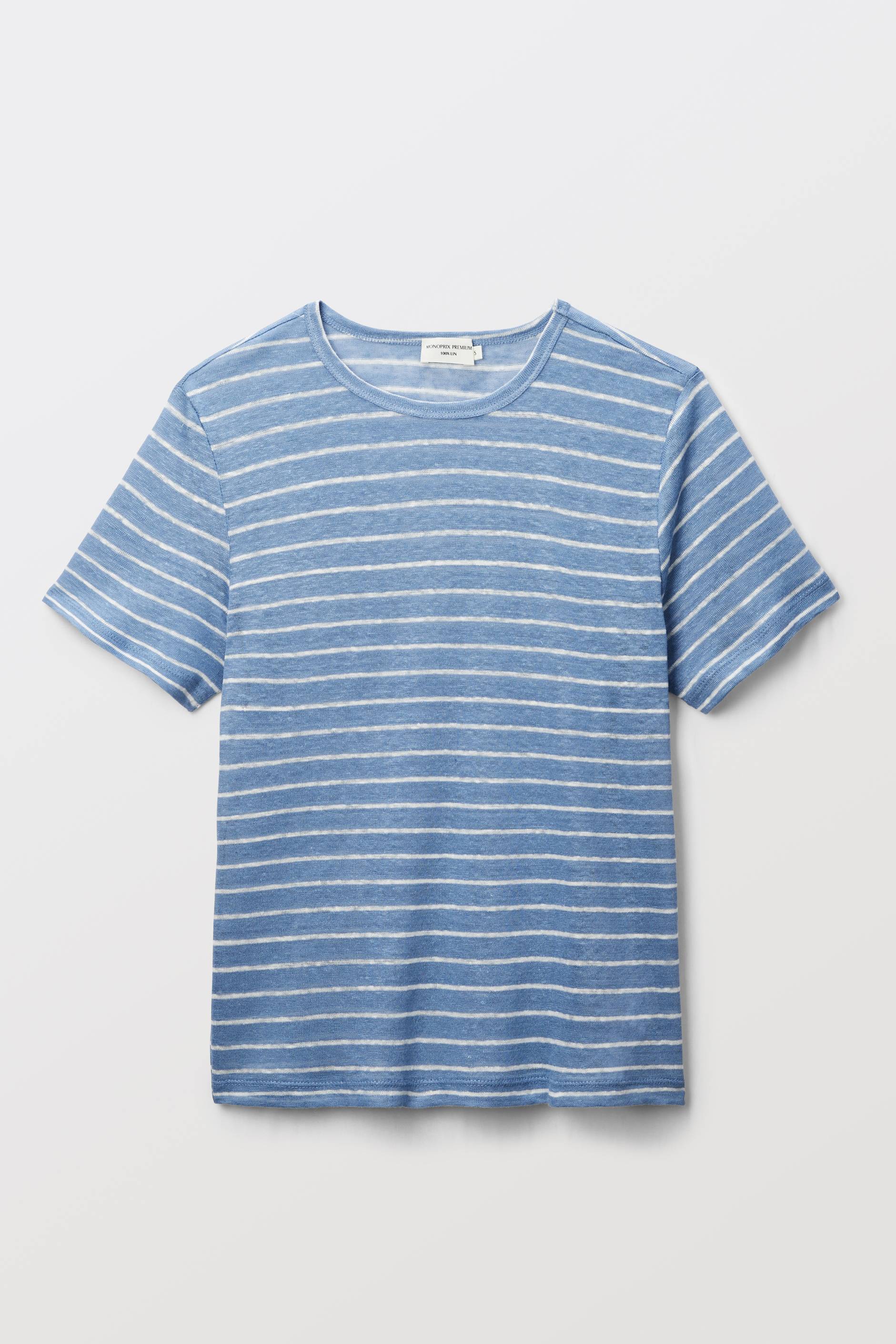 T-shirt &agrave; manches courtes ray&eacute; en lin, Bleu, large image number 2
