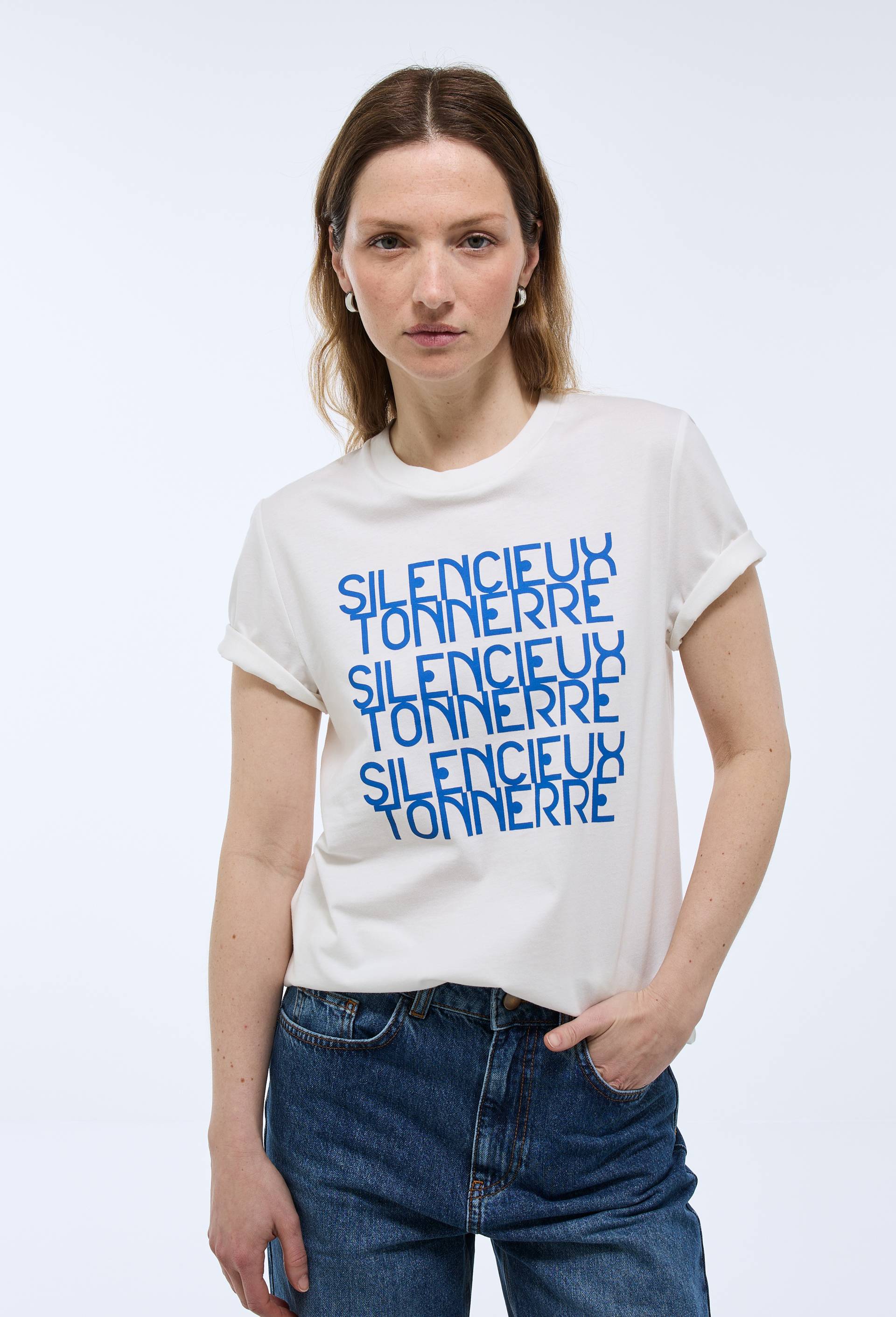 T-shirt &agrave; manches courtes &agrave; message imprim&eacute; en coton BIO, Ecru, large image number 0