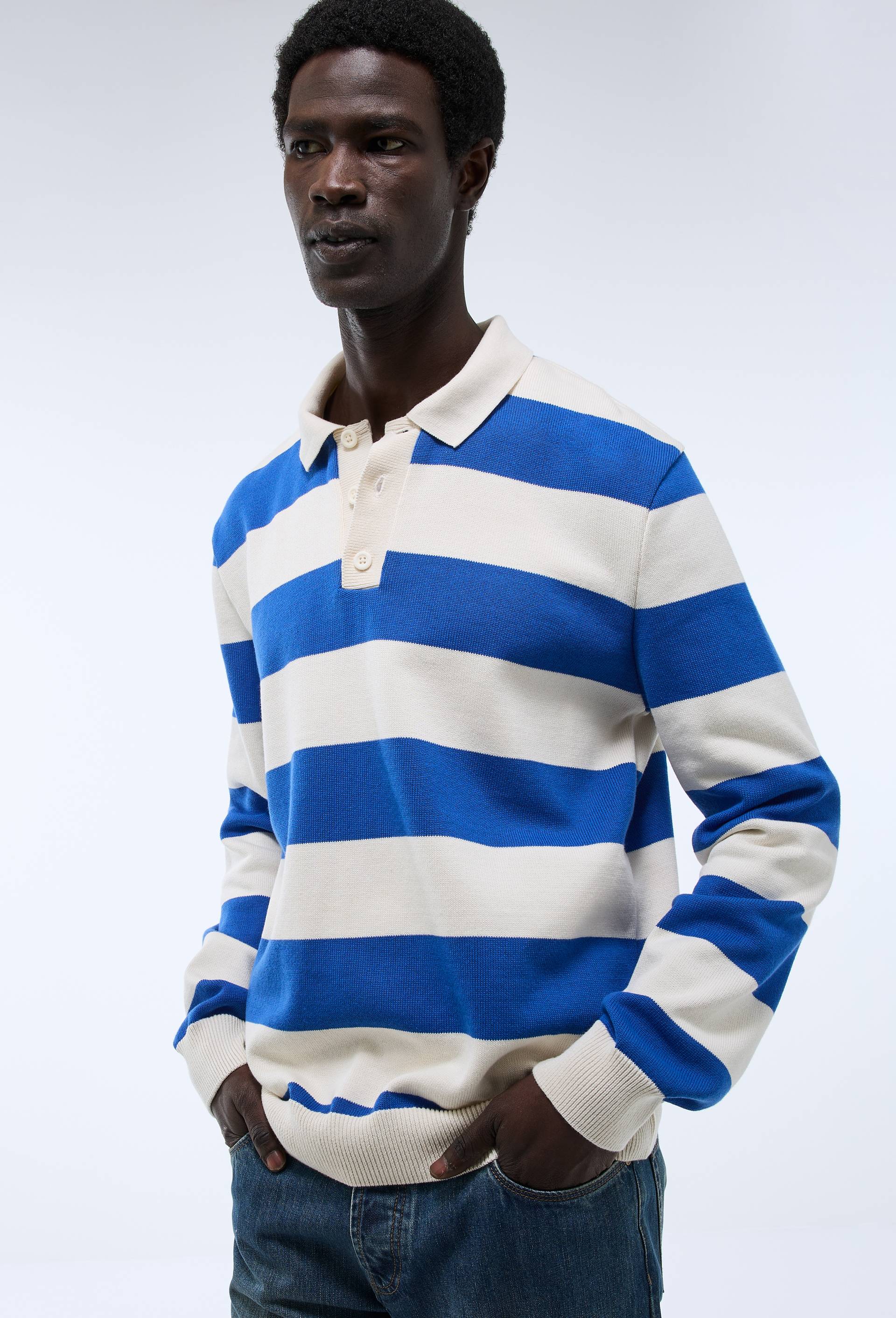 Pull col polo ray&eacute; Made in France, Bleu, large image number 0