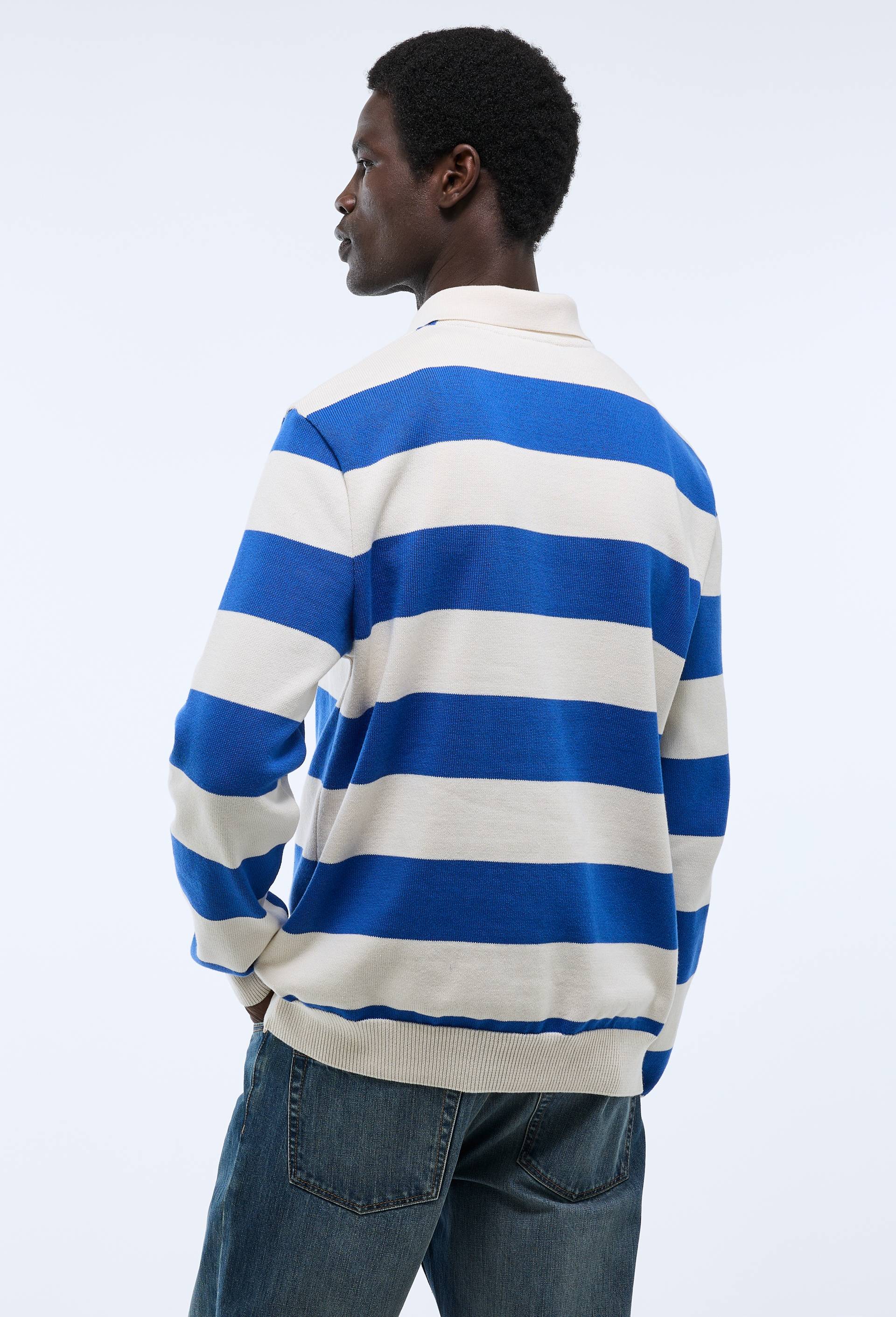 Pull col polo ray&eacute; Made in France, Bleu, large image number 1