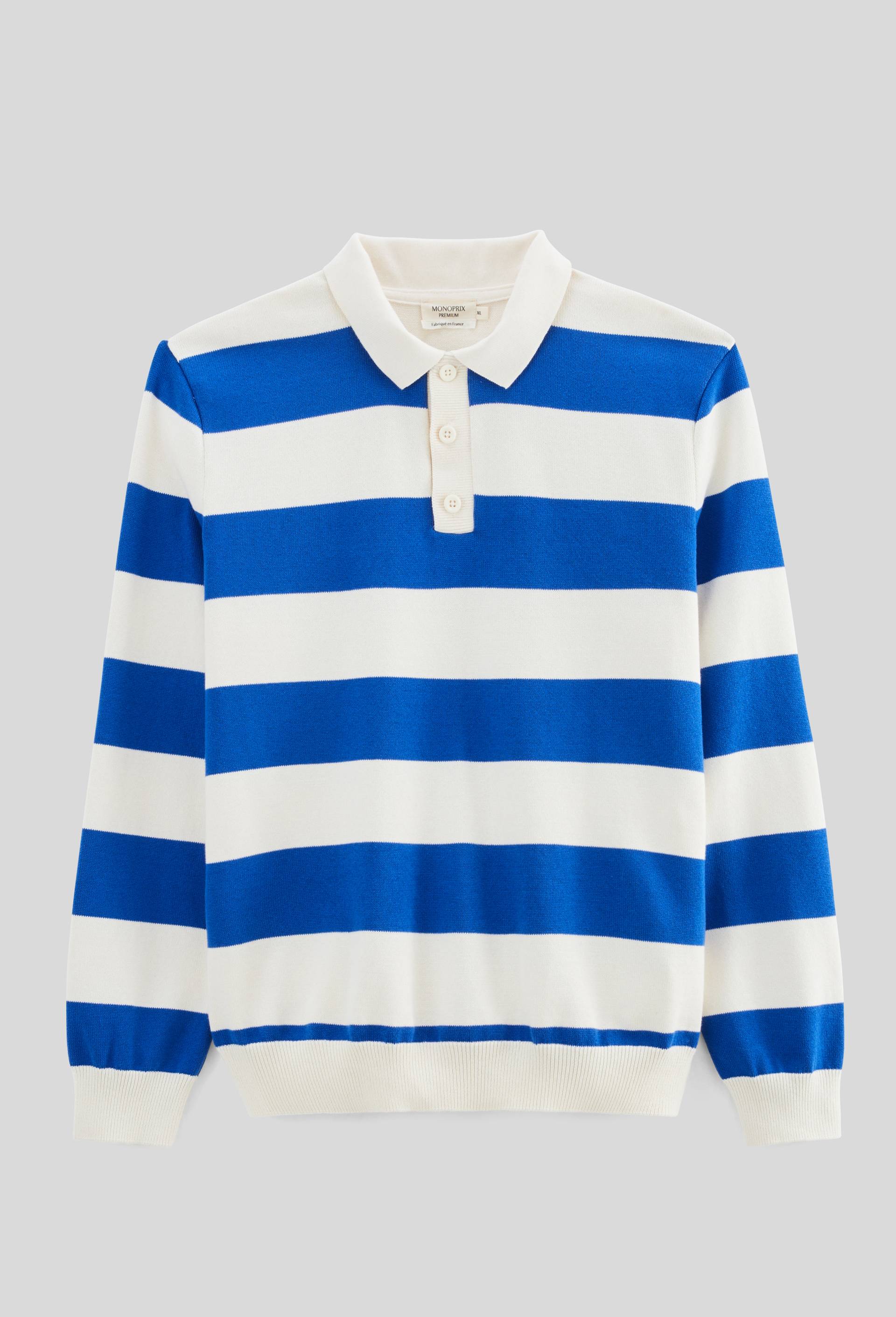 Pull col polo ray&eacute; Made in France, Bleu, large image number 2